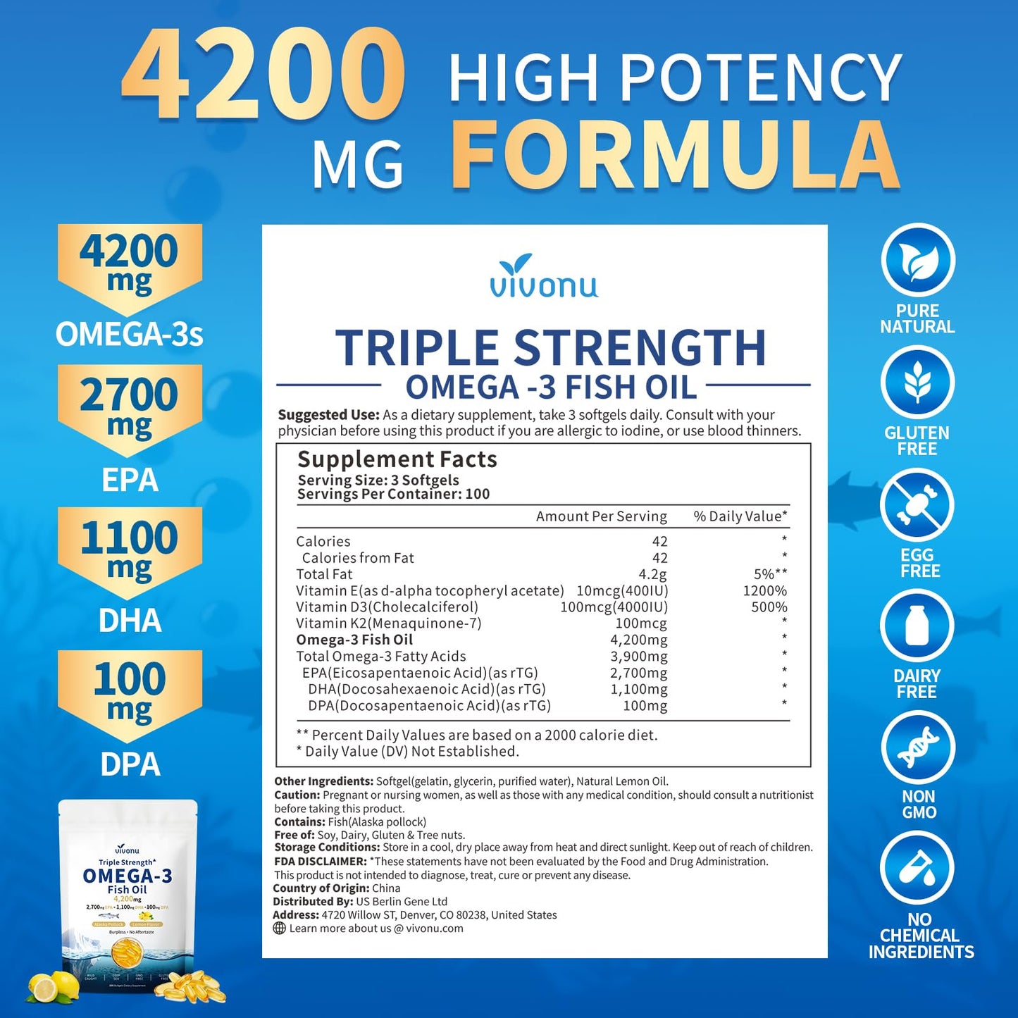 VivoNu Triple Strength Fish Oil Omega-3 Supplements Capsule 300 Count