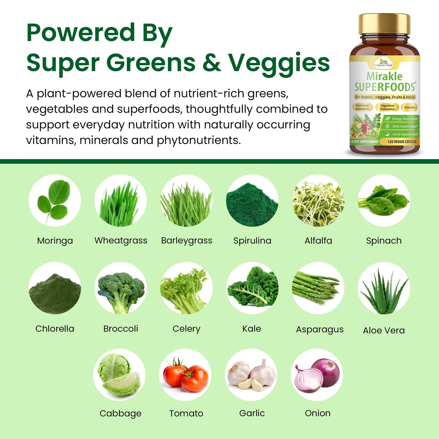 Organic Veda Mirakle Superfoods Greens Capsules - 120 Count