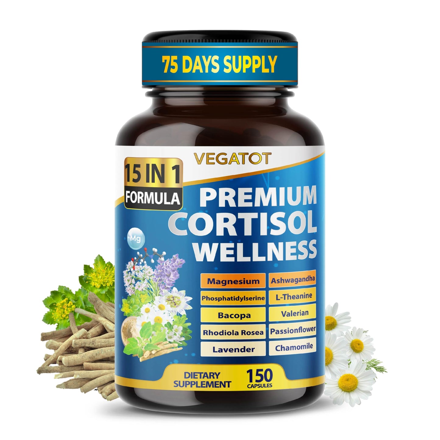 VEGATOT Organic Cortisol Wellness Complex 15-in-1 Formula with Magnesium Ashwagandha St. John's Wort Valerian Rhodiola Rosea Passionflower Chamomile Capsules, 150 Count