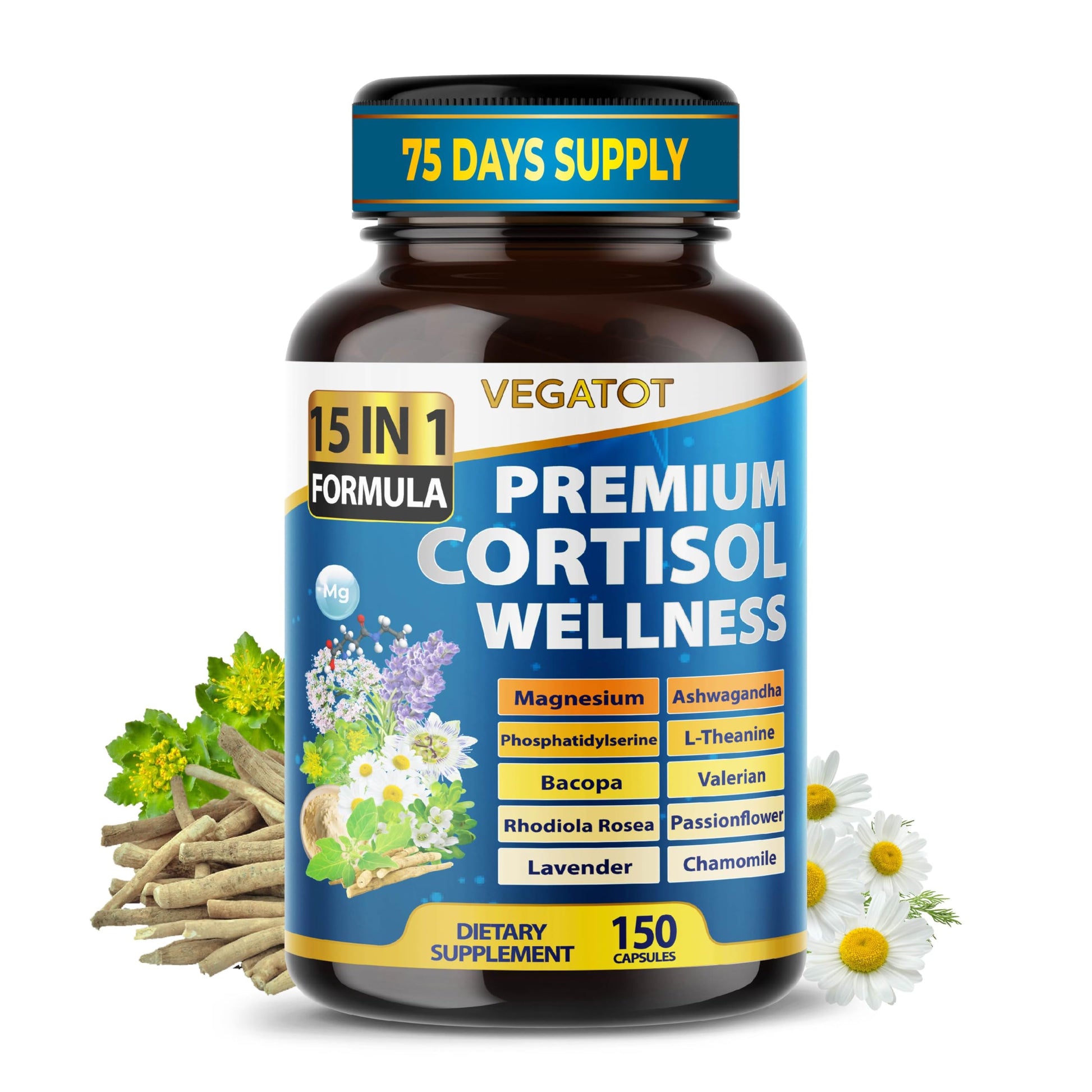 VEGATOT Organic Cortisol Wellness Complex 15-in-1 Formula with Magnesium Ashwagandha St. John's Wort Valerian Rhodiola Rosea Passionflower Chamomile Capsules, 150 Count