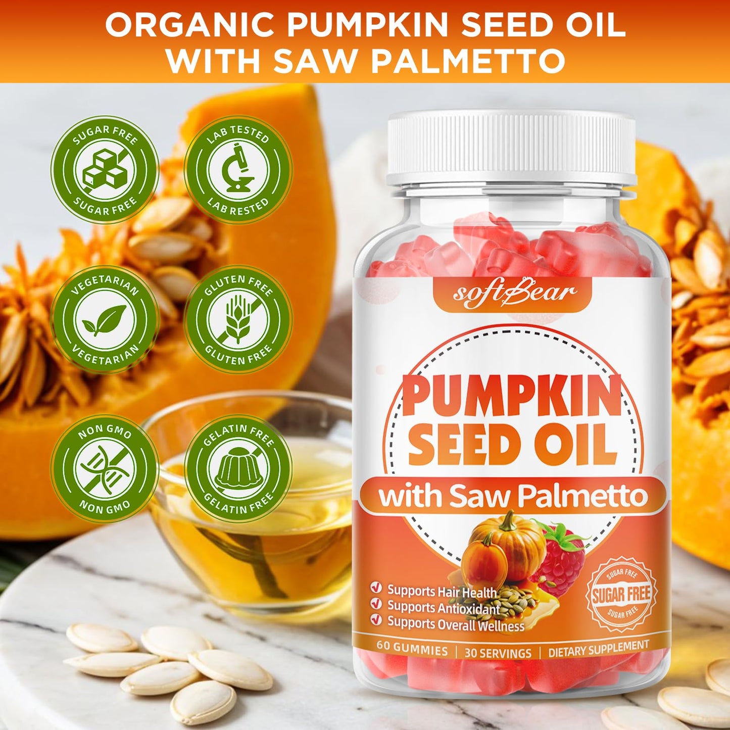 Softbear Pumpkin Seed Oil with Saw Palmetto Gummies, 120 Gummies