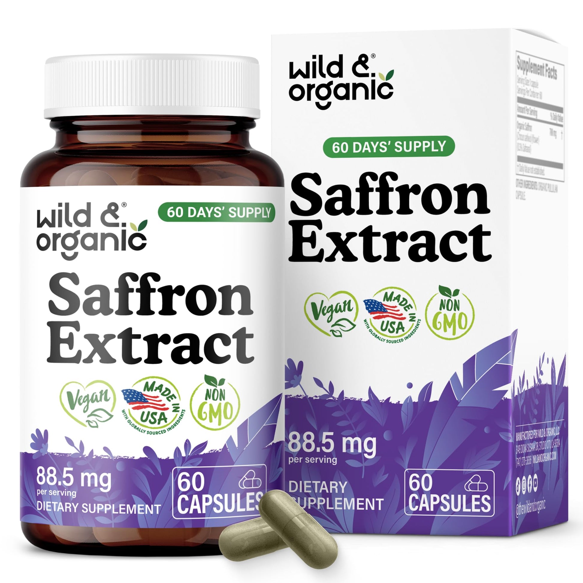 Wild & Organic Saffron 88.5 mg Capsules, 60 Count