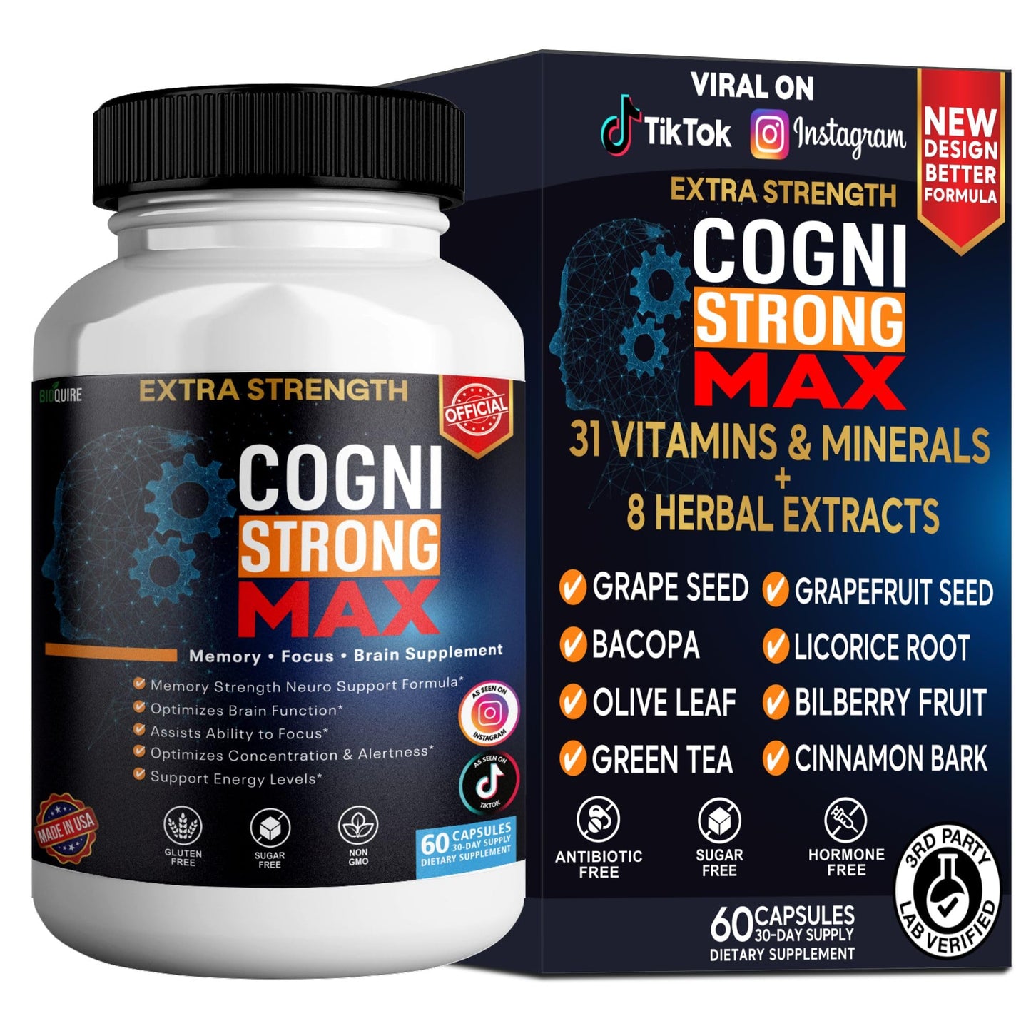 BIOQUIRE CogniStrong Max Extra Strength Memory and Focus Supplement Capsules 60