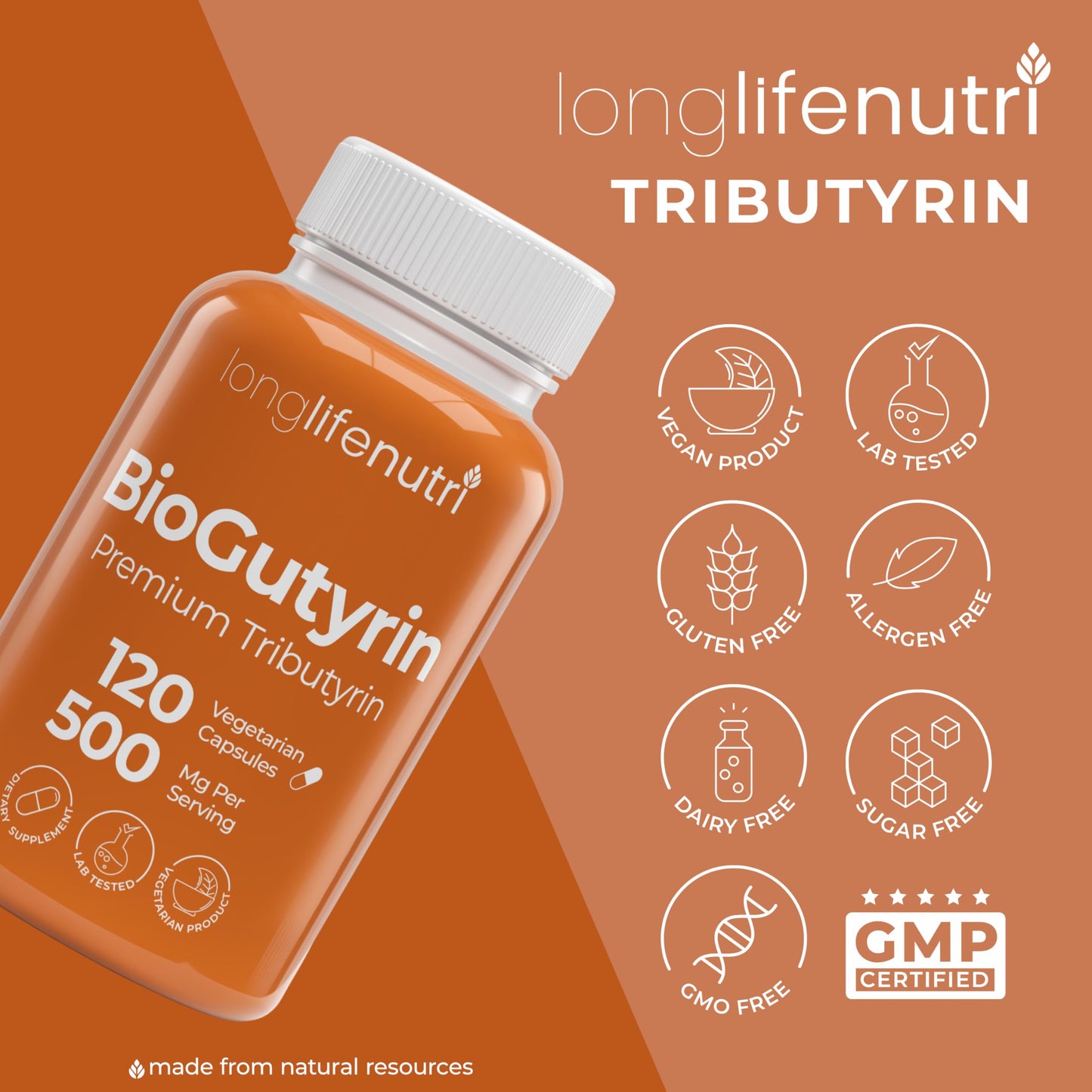 LongLifeNutri BioGutyrin Tributyrin 500mg, Postbiotic Supplement for Gut Function & Nutrient Absorption, Butyric Acid for Butyrate Production, Capsules, 120 Count