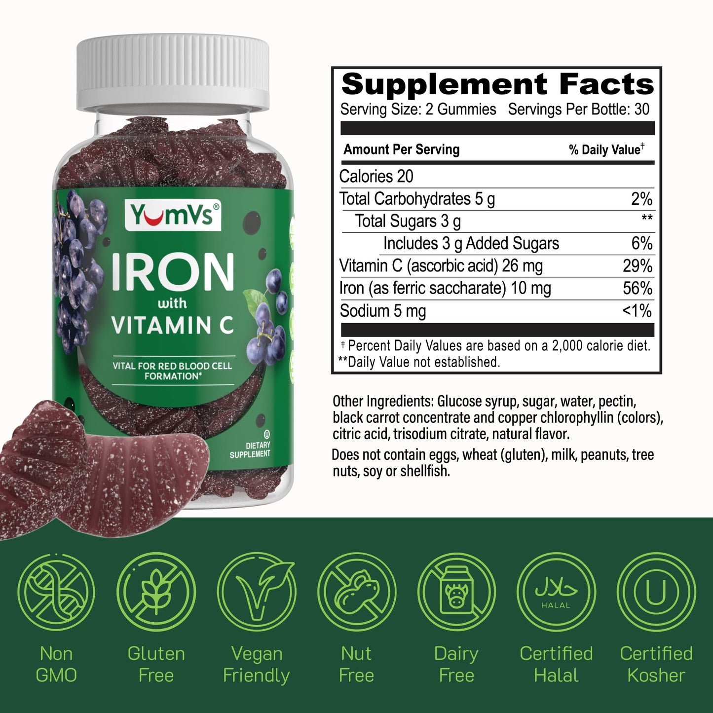 YUM-V'S Iron Gummies Supplement with Vitamin C Chewables 60 Count