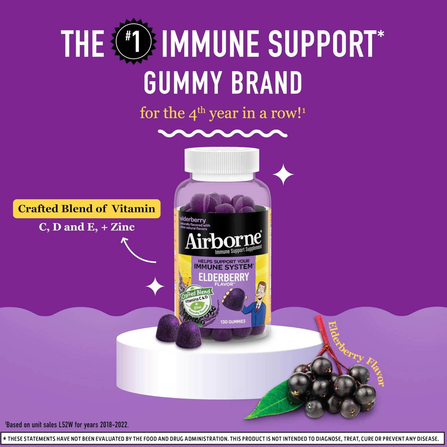 Airborne Elderberry + Zinc & Vitamin C Gummies for Adults, 130 Count