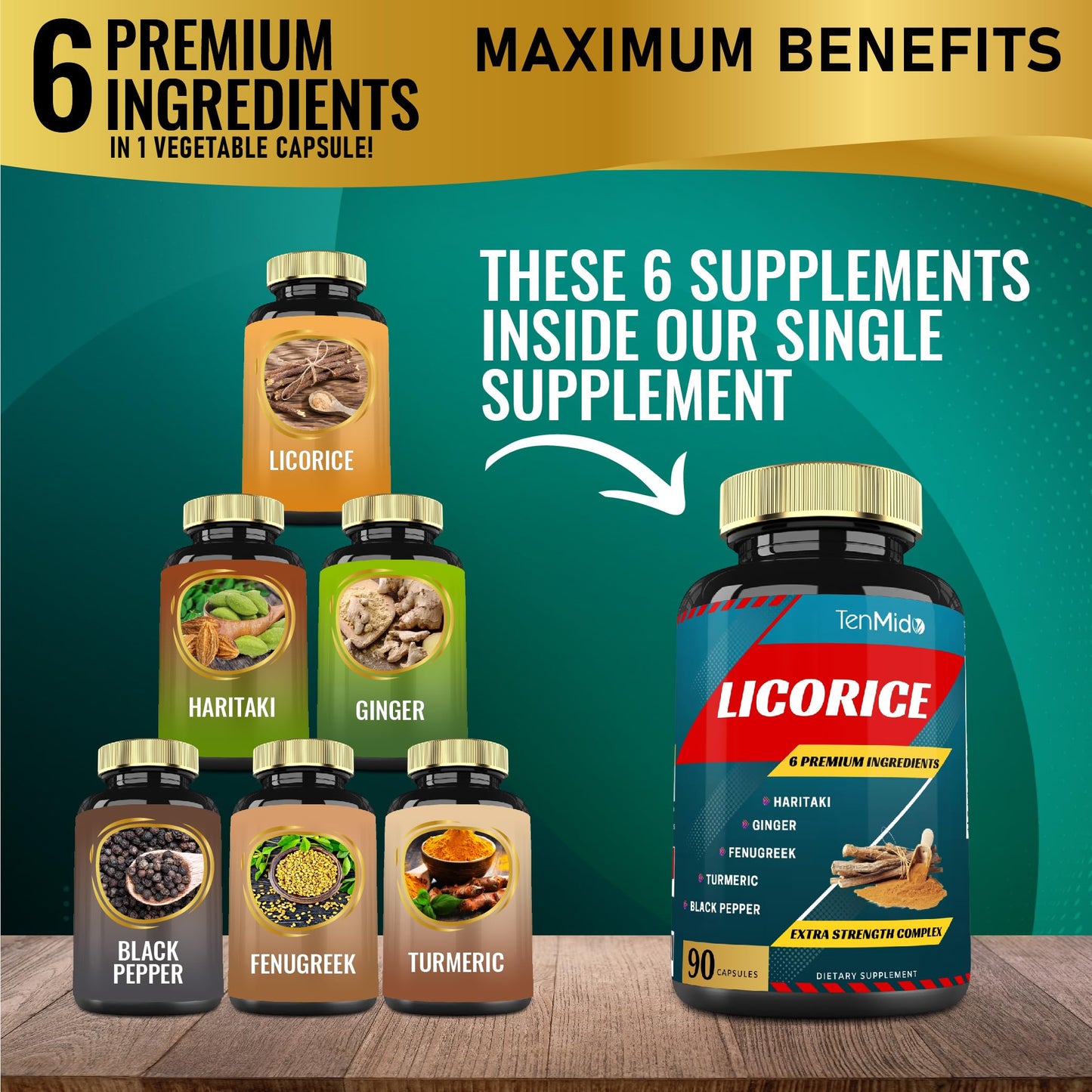Tenmido Licorice Extract Capsules with Turmeric, Ginger, Fenugreek, Haritaki, Black Pepper - Digestion Support - 90 Count