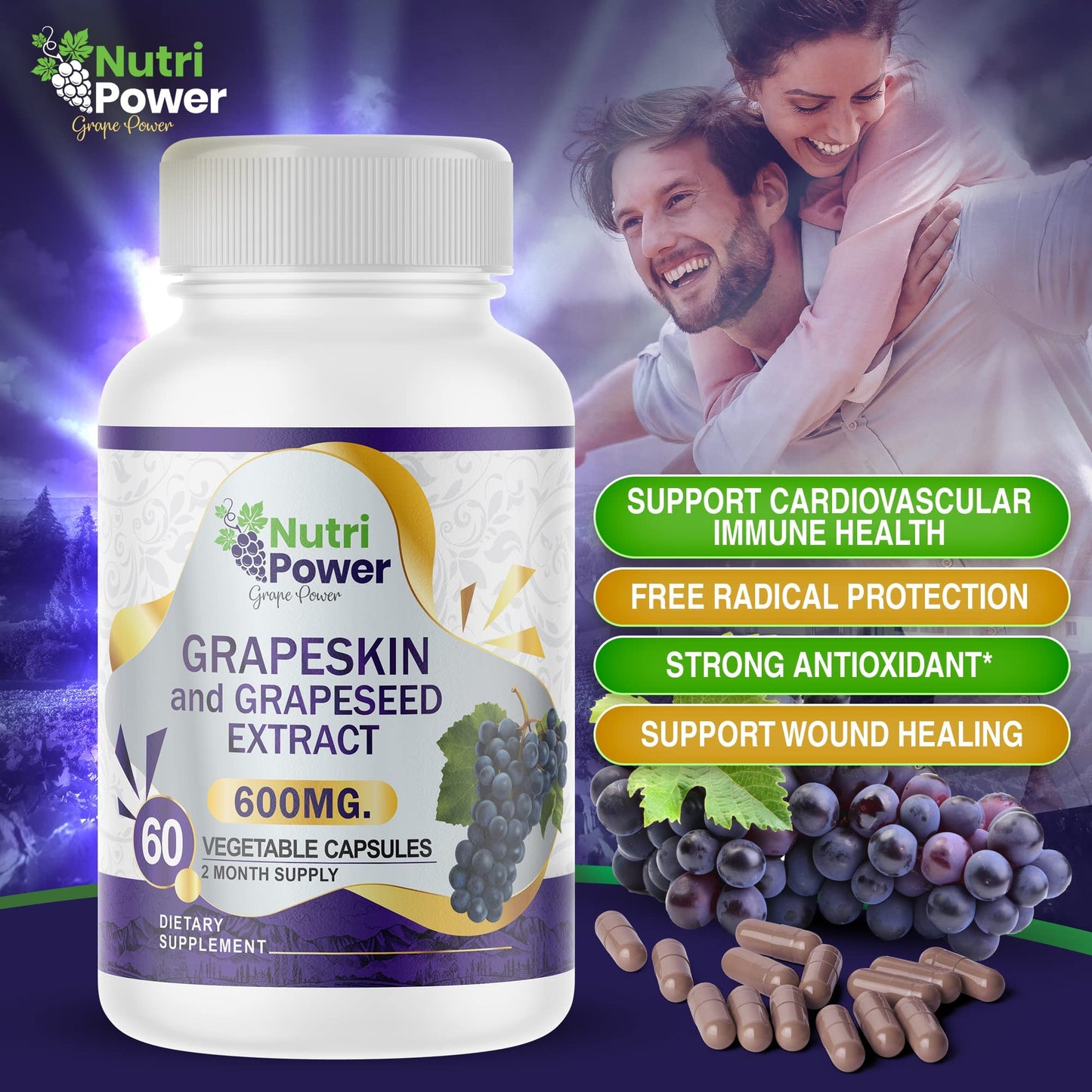 Nutri Power Skin & Grape Seed Extract Supplement 600 mg Capsules, 60 Count