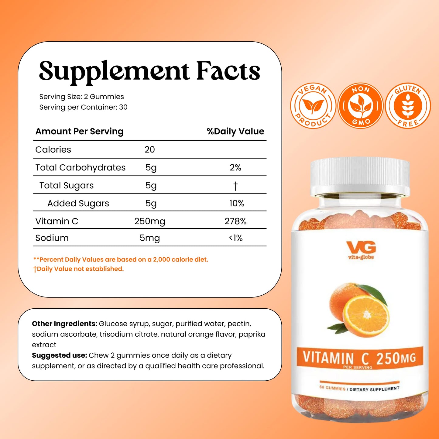 VITA GLOBE Vitamin C 250mg Gummies with Collagen, Immune Support, Non-GMO, 120 Gummies