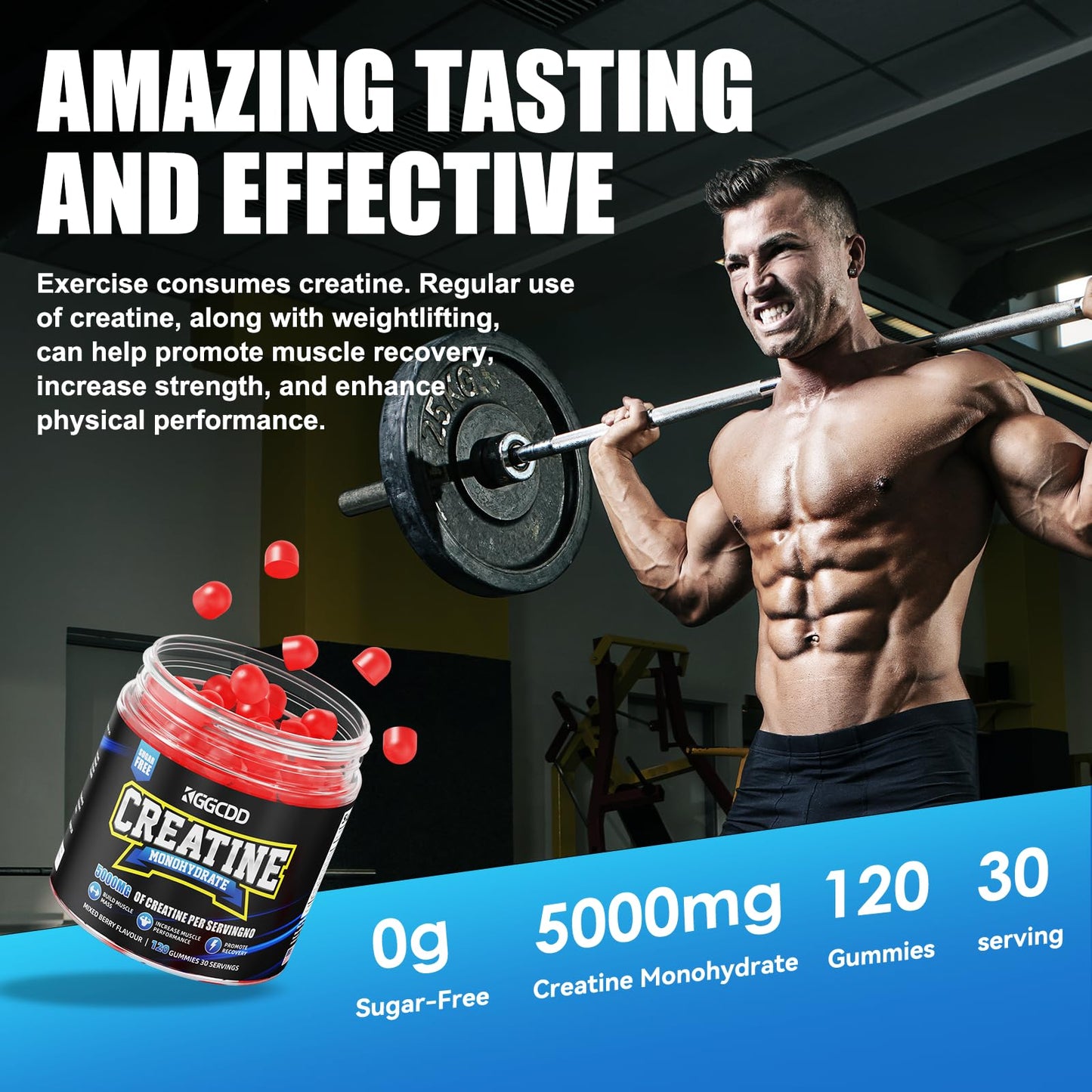 KGGCDD Creatine Monohydrate Gummies Complex, Pre-Workout for Men & Women, 90 Count