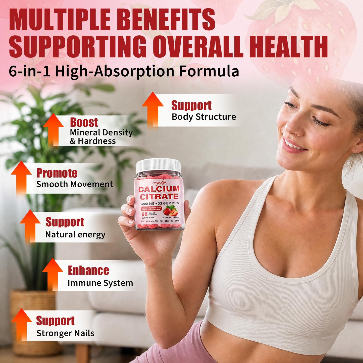 originalifv 6-in-1 Calcium Gummies 1200 mg with Vitamin D3, K2, 60 Gummies