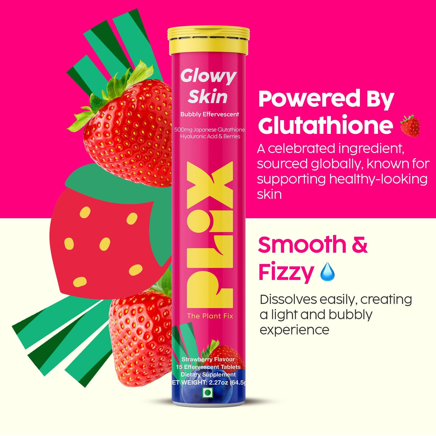 PLIX - THE PLANT FIX Glowy Skin Glutathione Supplement 500mg with Hyaluronic Acid, Vitamin C, E & Berries, 30 Tablets