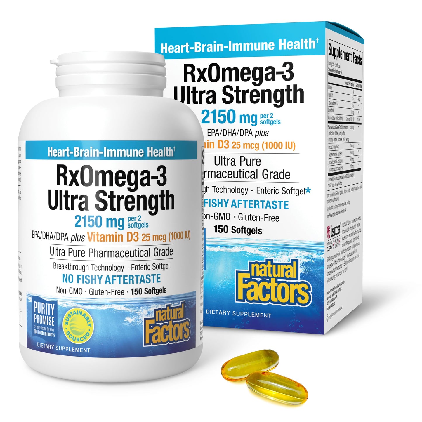 Natural Factors RxOmega-3 Ultra Strength Brain & Heart Health Support Eye Health Supplement with EPA & DHA Omega-3 Fatty Acids & Vitamin D3 Softgels, 150 Count