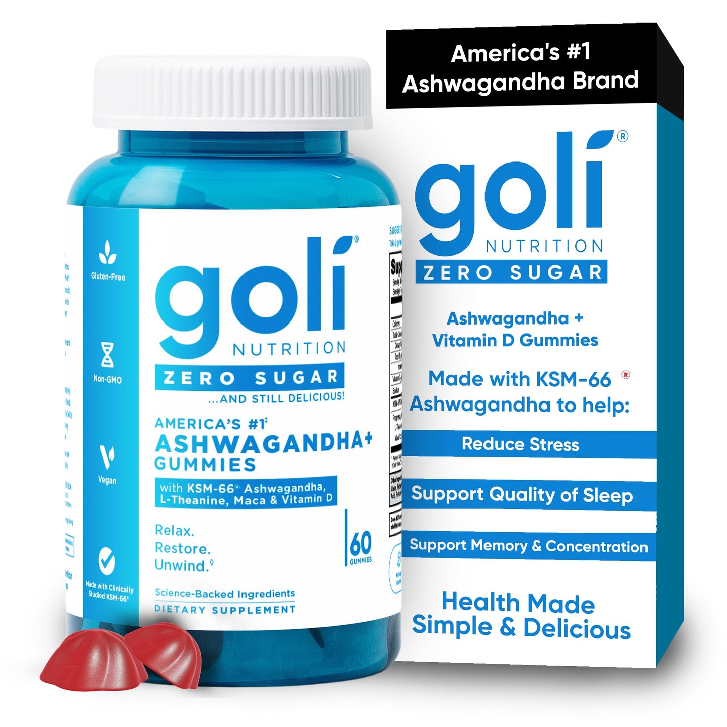 Goli Zero Sugar Ashwagandha Gummies with KSM-66, L-Theanine, Maca and Vitamin D - No Sugar Alcohols - Vegan, Keto-Friendly, Non-GMO
