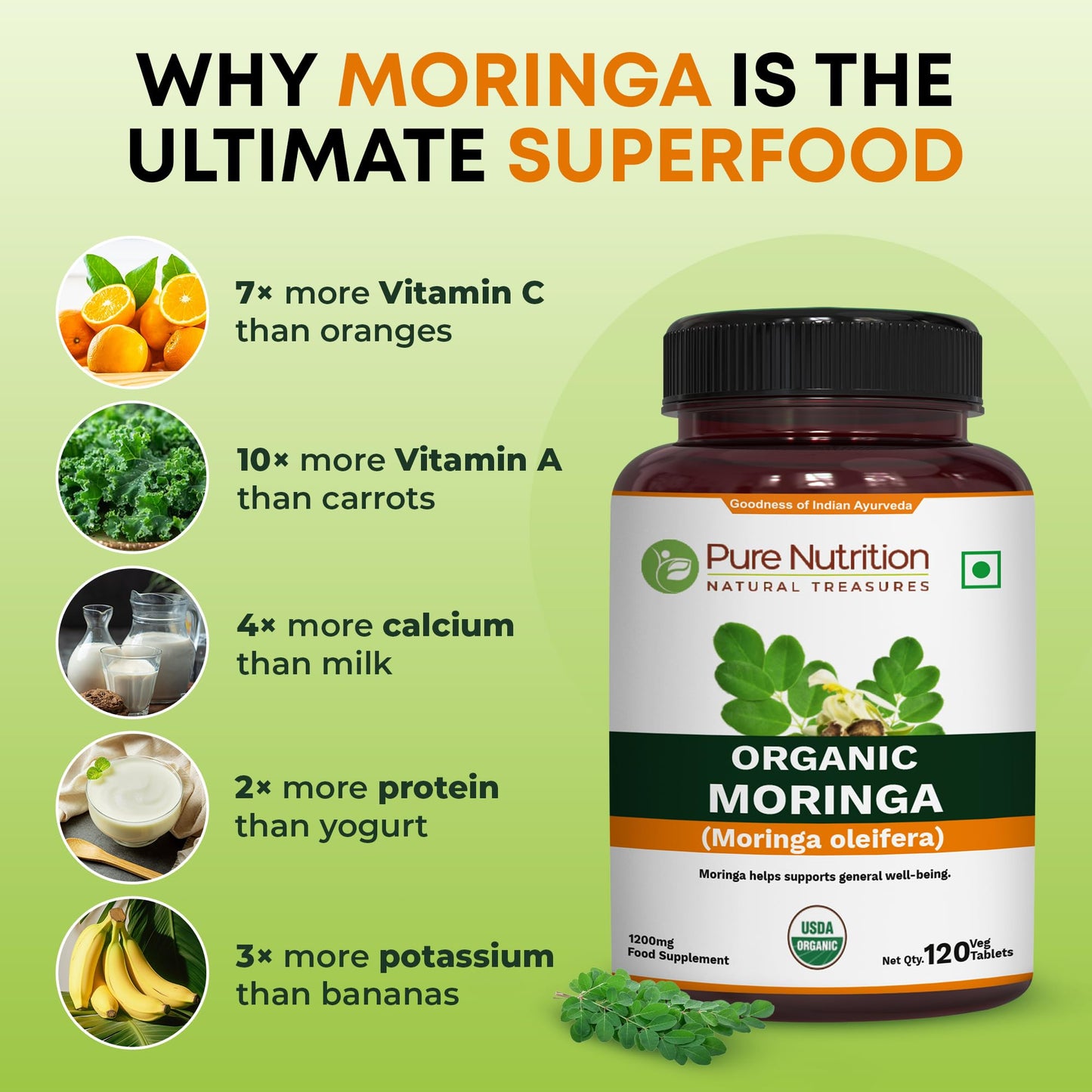 Pure Nutrition Natural Treasures Organic Moringa 1200mg Tablets, 120 Count