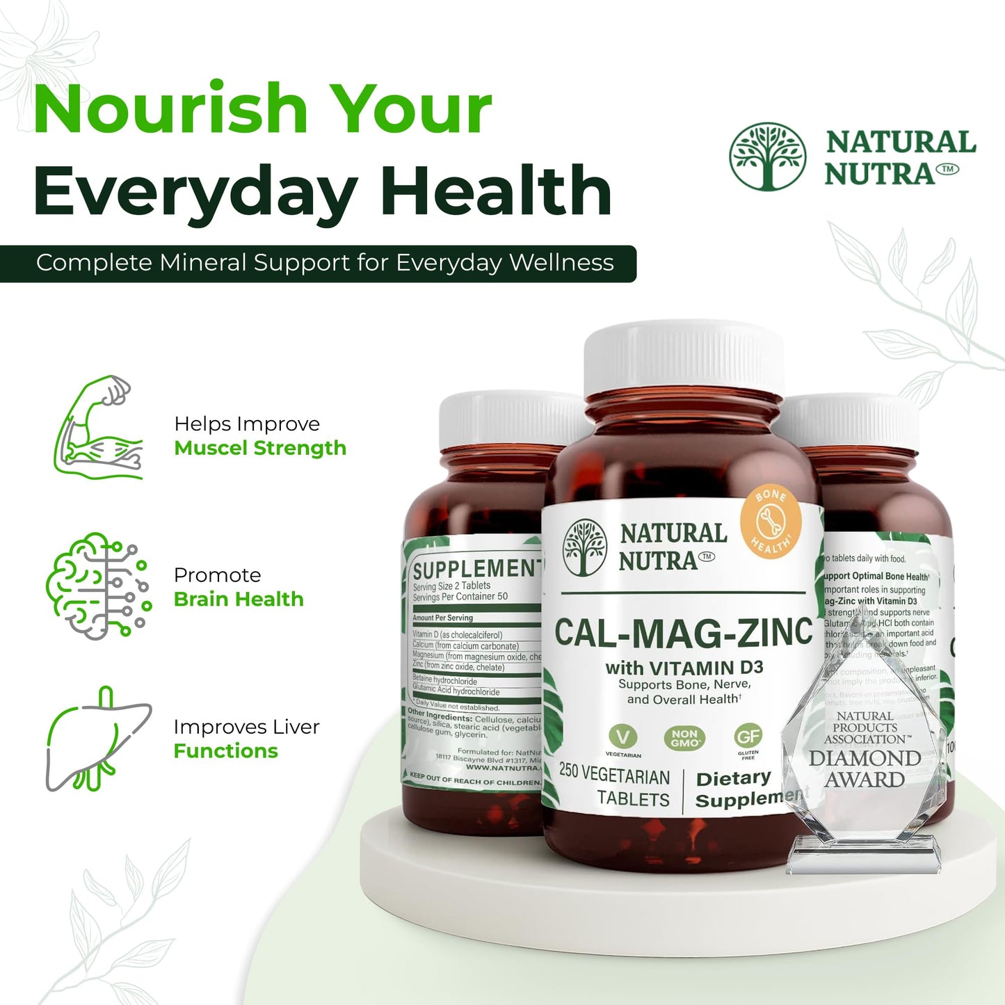 Natural Nutra Calcium Magnesium Zinc with Vitamin D3 CMZ Supplement (Tablets, 250 Count)