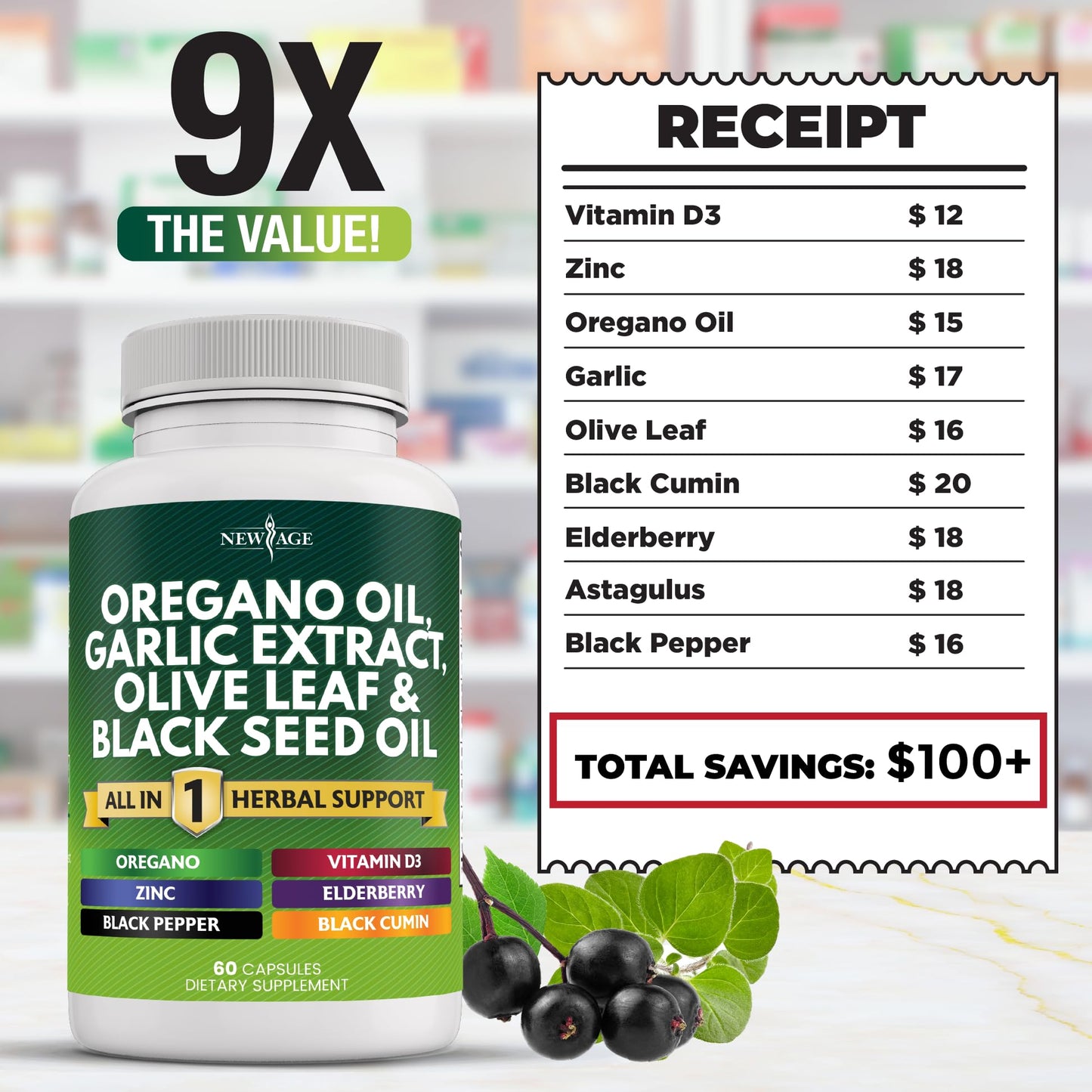 NEW AGE Oregano Oil Garlic Extract Olive Leaf with Astragalus Capsule 120 Count