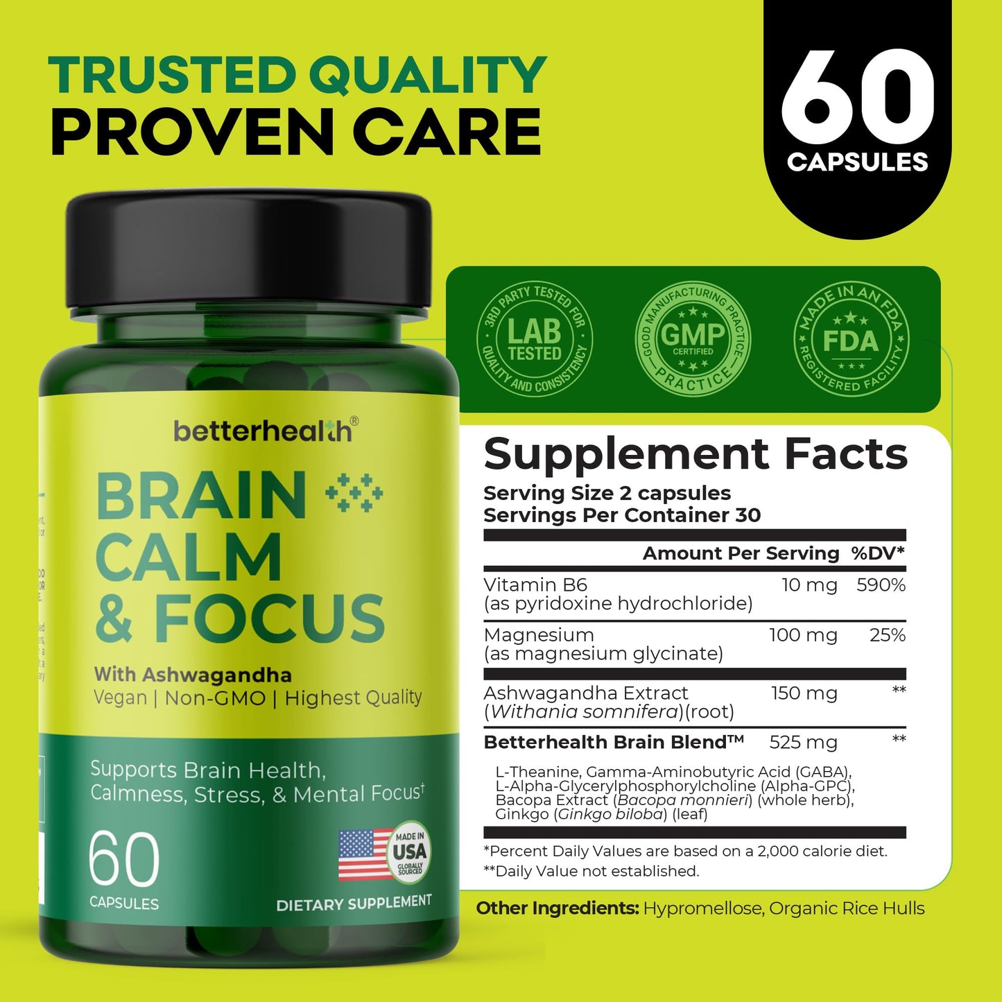 BetterHealth Brain Health Supplement for Memory, Focus & Calm, Cognitive Support with Ashwagandha, L-Theanine, Alpha GPC, Bacopa & Ginkgo, Daily Brain Support, 60 Capsules