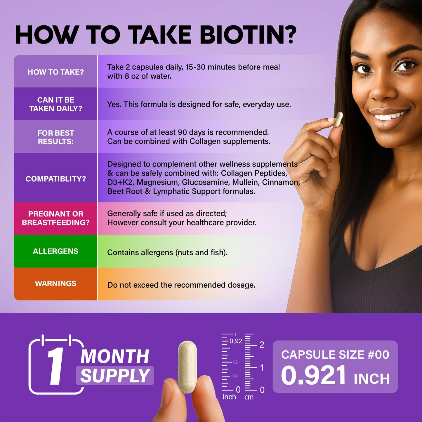 NUTRAHARMONY Biotin Collagen Hyaluronic Acid Keratin Hair Growth & Strength Support Vitamins - Skin & Nails Supplement - Clinically Tested for Men & Women - 25000mcg B1, B2, B3, B6 & B7, 60 Capsules
