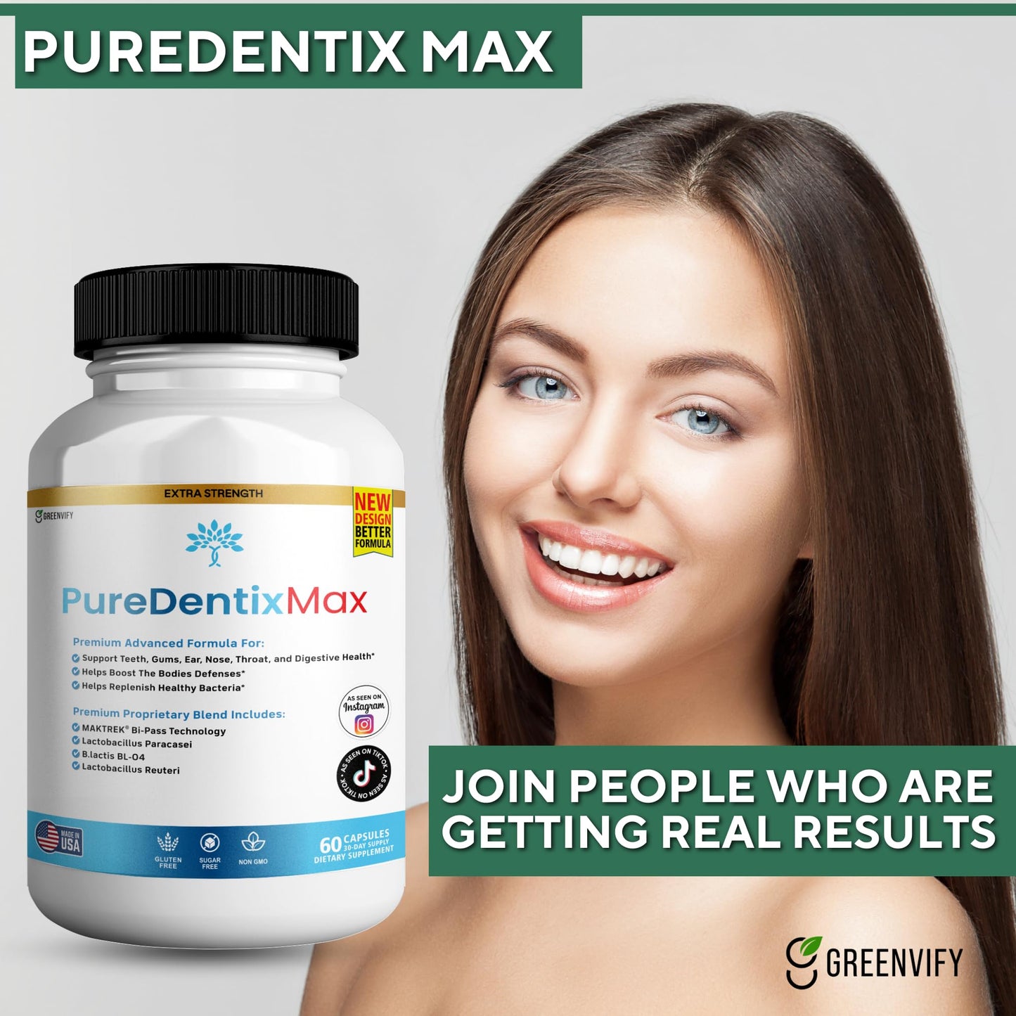 GREENVIFY DentimPure Max Extra Strength Probiotic Supplement with 40 Billion CFU, Supports Teeth, Gums, Ear, Nose, Throat & Digestive Health, 120 Capsules