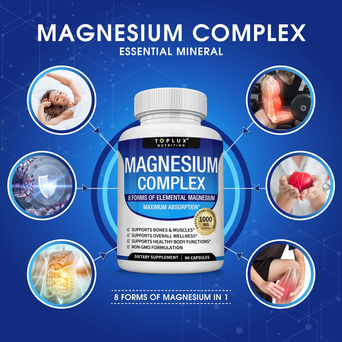 Toplux Magnesium Complex Supplement 8 Elemental 1000mg Capsule, 90 Capsules