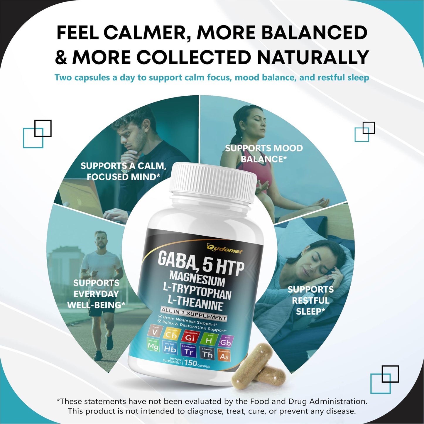 GUDOMET GABA 5-HTP L-Tryptophan L-Theanine Vitamin D3 Vitamin B6 Holy Basil Valerian Chamomile Ginkgo Biloba Ginger Capsules 150