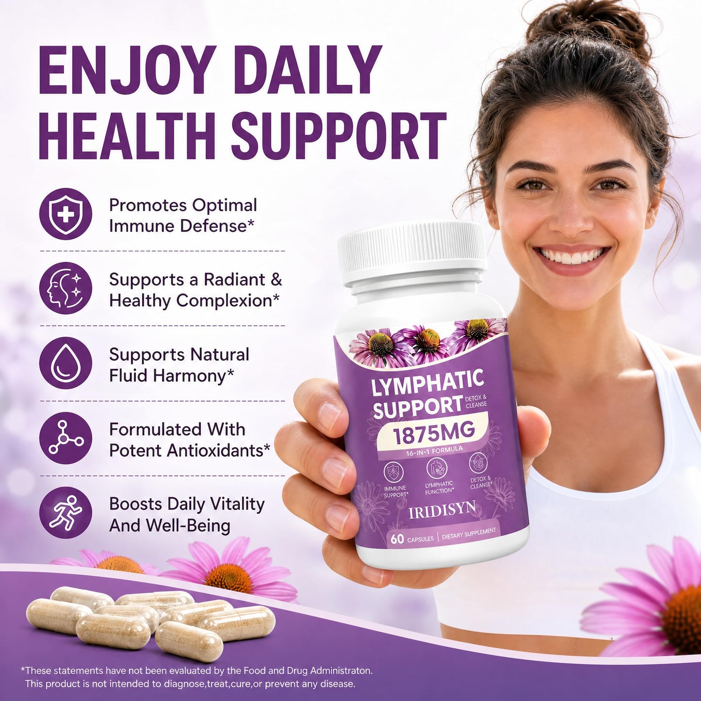 IRIDISYN Lymphatic Drainage Supplement 1875 mg, Lymph Detox Cleanse & Immune Support, Lymphatic System Support Supplement with Echinacea, Elderberry, and Calendula, 60 Capsules