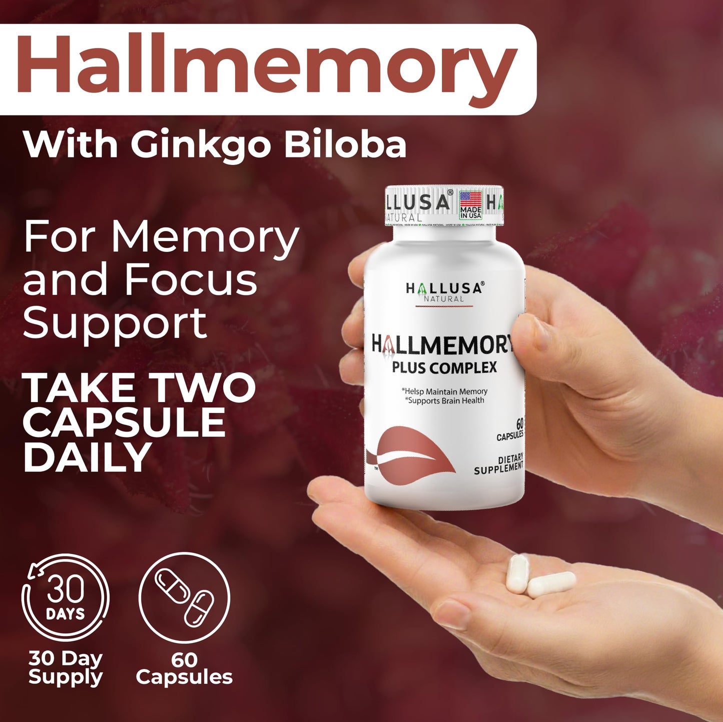 Hallusa Natural Brain Health Supplement Capsules 60 Count