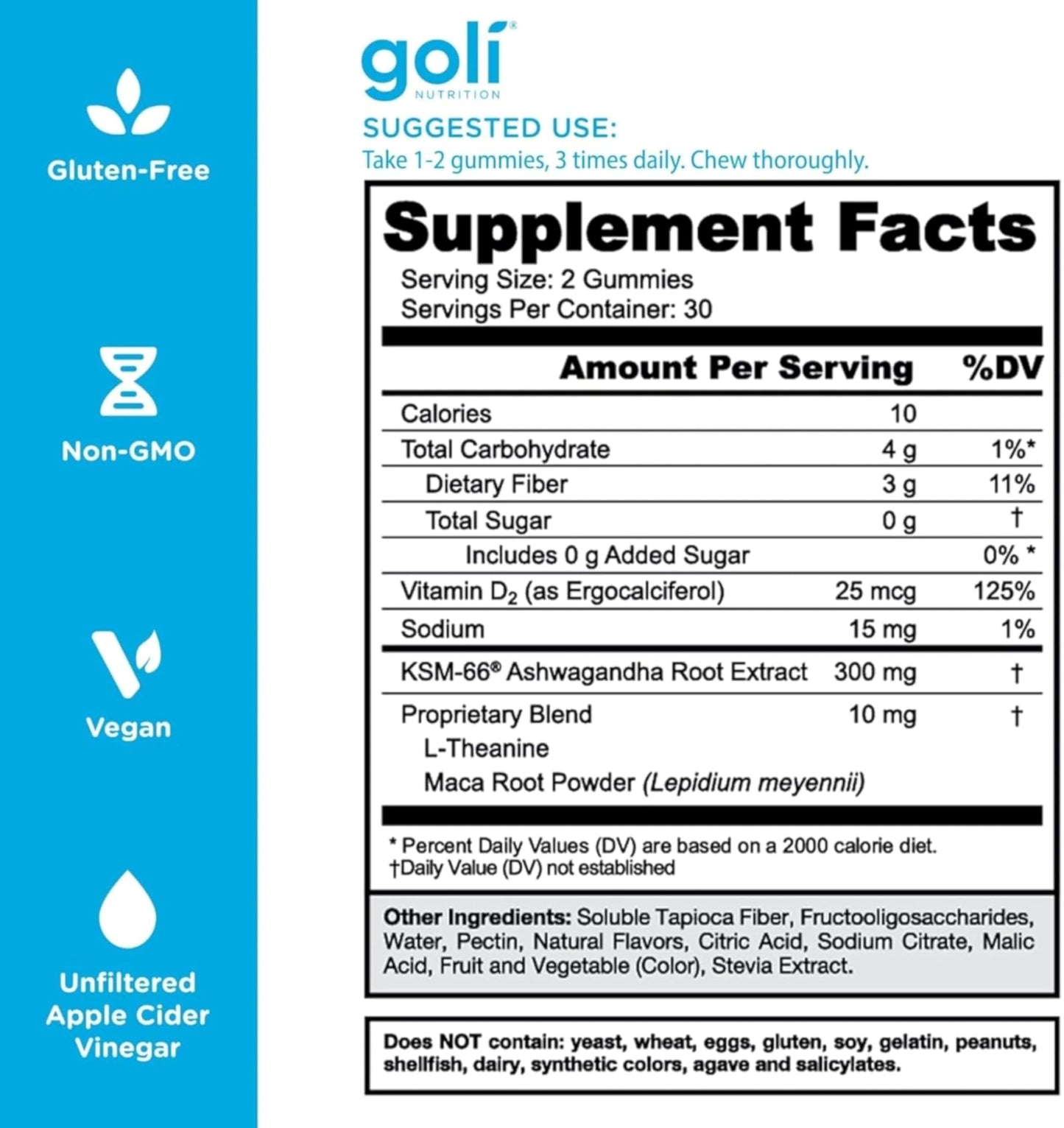 Goli Zero Sugar Ashwagandha Gummies with KSM-66, L-Theanine, Maca and Vitamin D, 60 Count