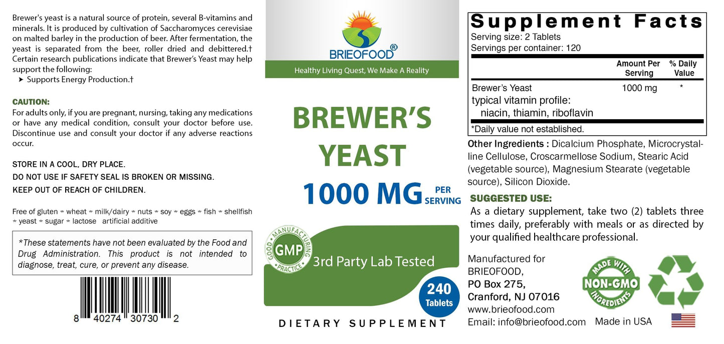 Brieofood Brewers Yeast 1000 mg per Serving Tablets, 240 Count