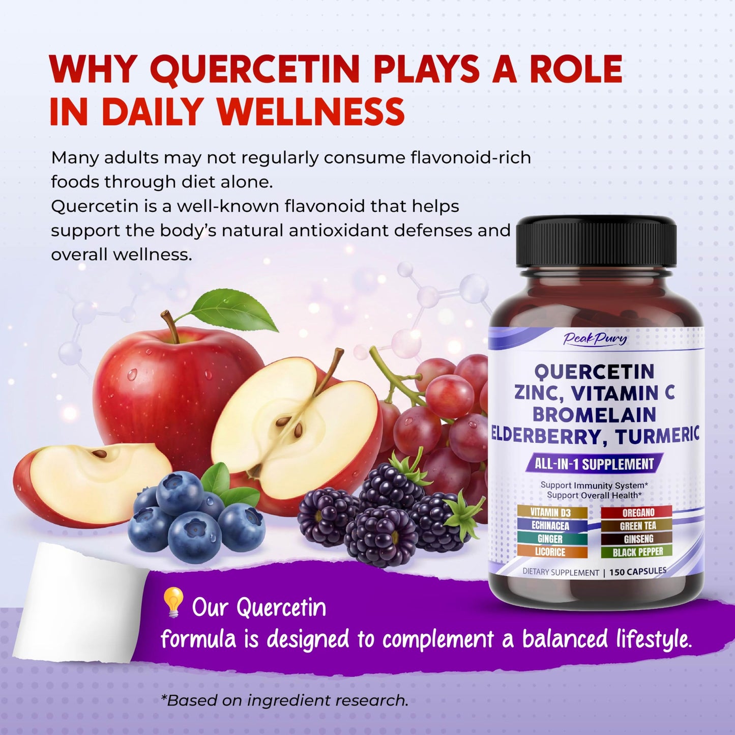 PEAKPURY Quercetin Elderberry Turmeric Vitamin C Zinc 150 Capsules