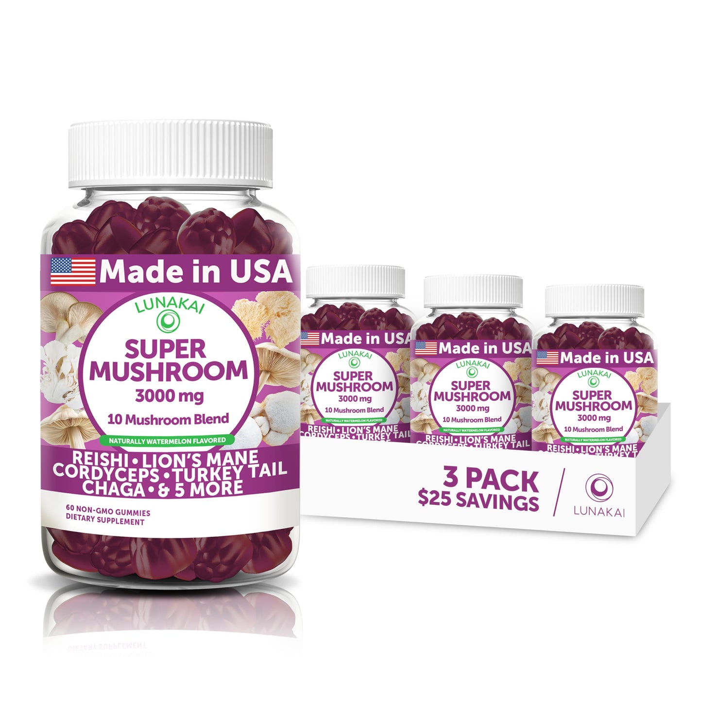 Lunakai USA Made Super Mushroom Gummies for Adults – 10-in-1 Adaptogenic Mushroom Supplement with Lion’s Mane – Daily Focus & Brain Support, 60 Gummies