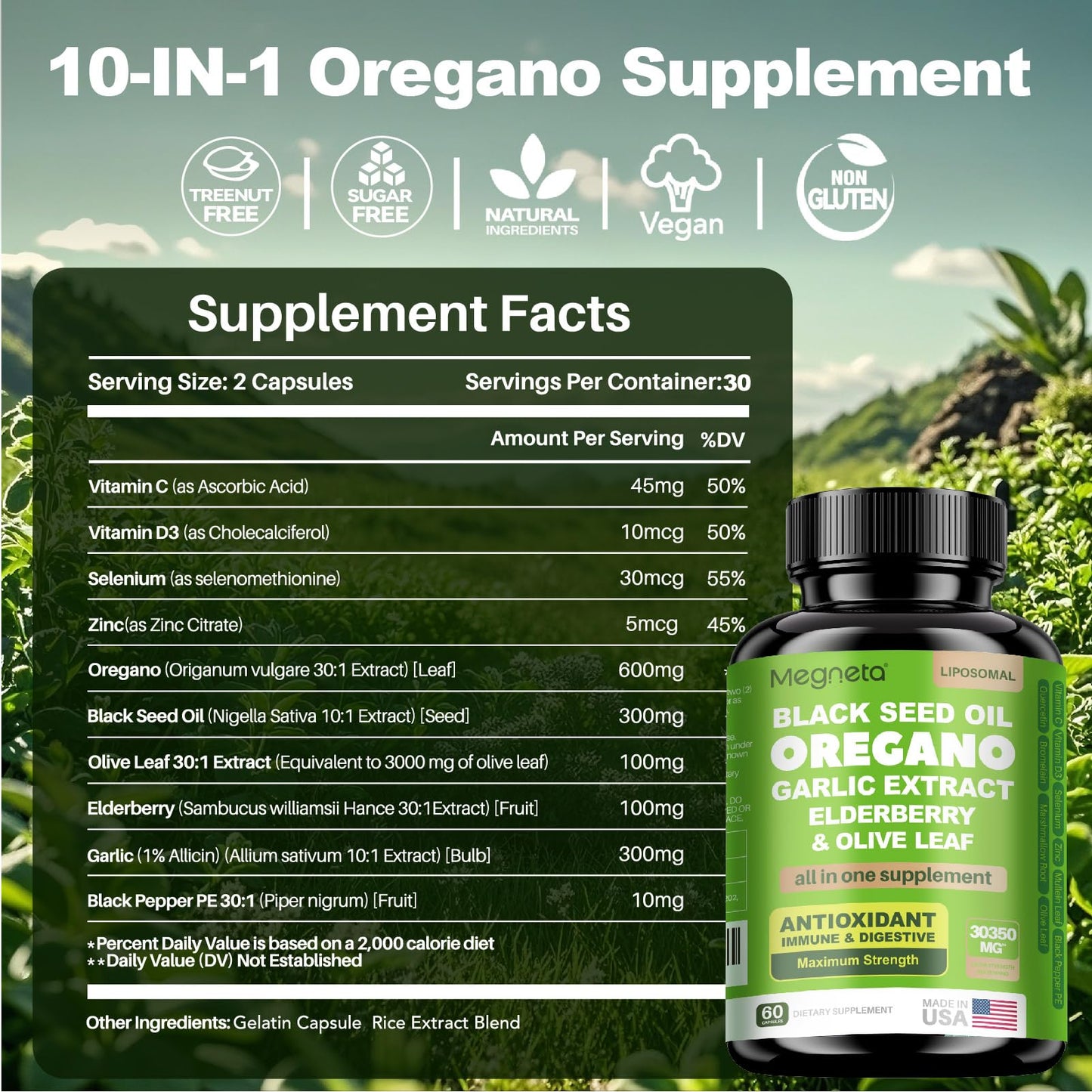 MEGNETA 10-in-1 Oregano Oil Capsules, 60 Count