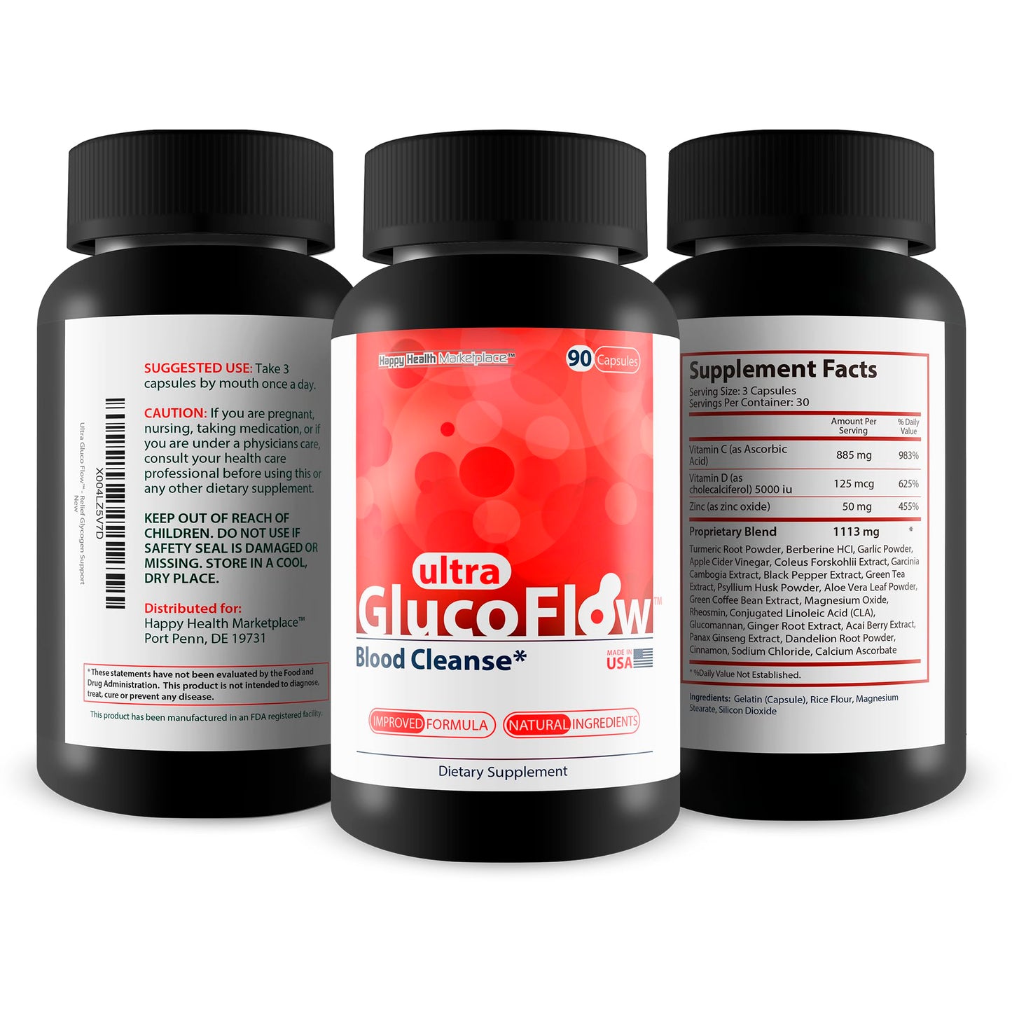 Happy Health Marketplace Ultra Gluco Flow - Improved Formula Blood Cleanse Detox Capsules 90 Count