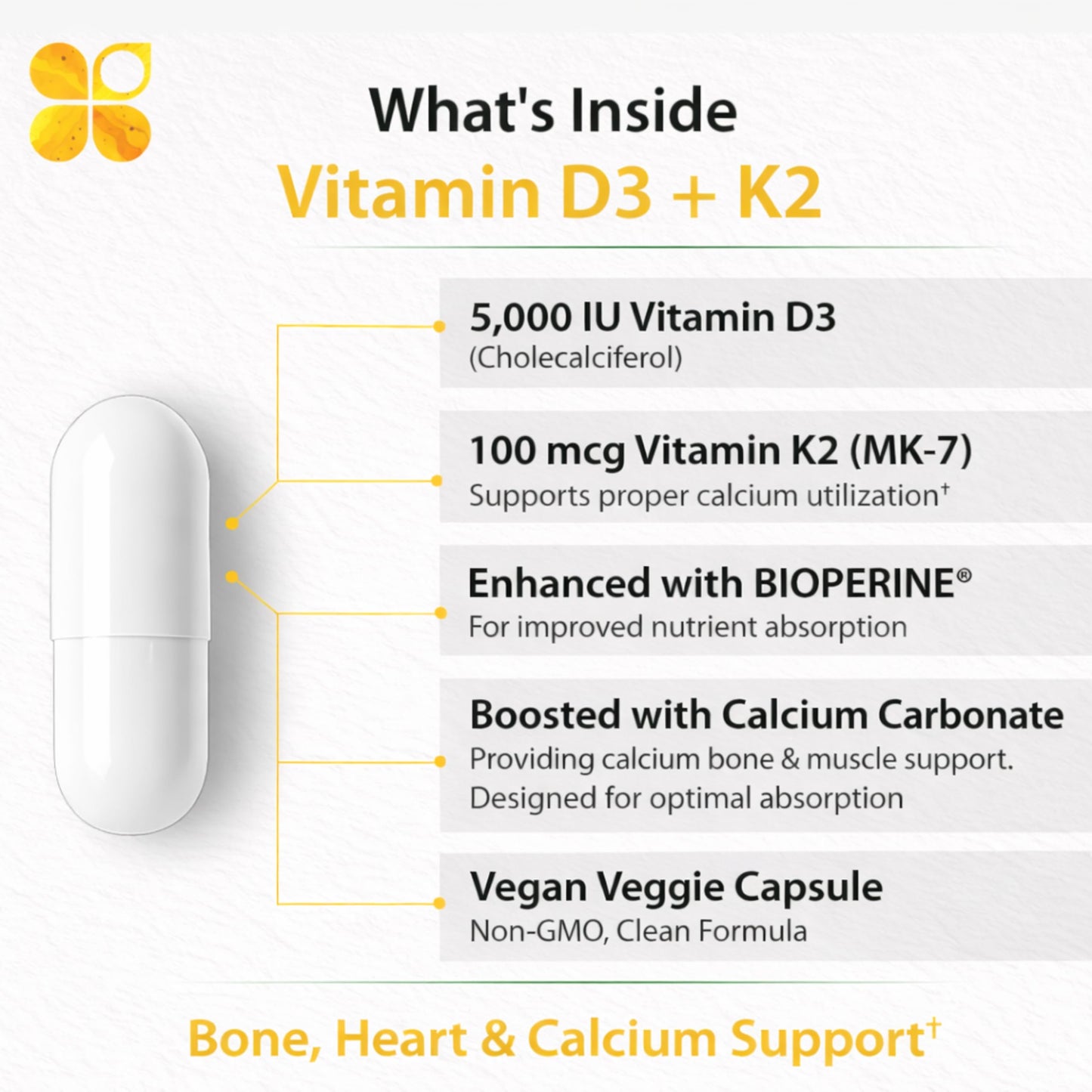Wassi Nutrition Vitamin D3 K2 Supplement 5000 IU, 60 Capsules