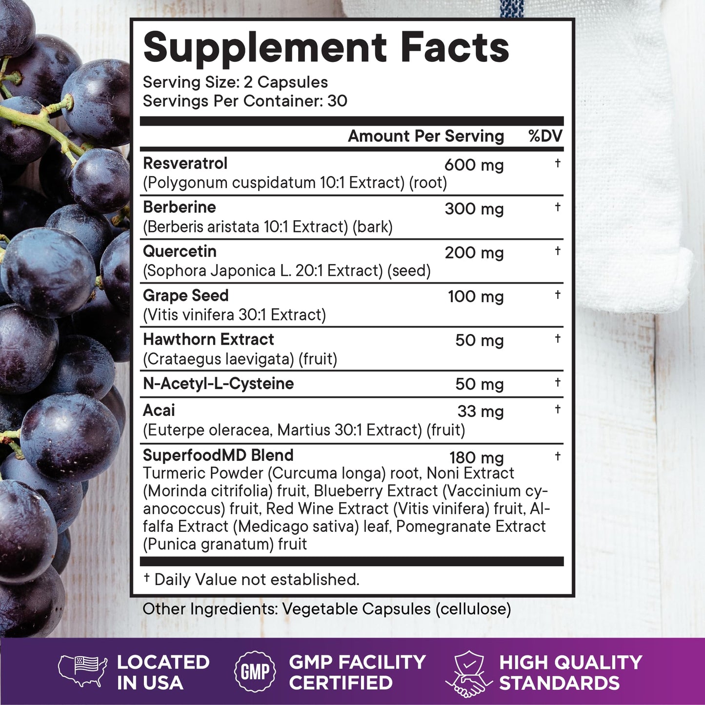 Superfood MD Resveratrol Berberine Grape Seed Extract Quercetin Polyphenol Supplement with Noni Extract, N-Acetyl Cysteine, Acai Extract Capsules, 180 Capsules