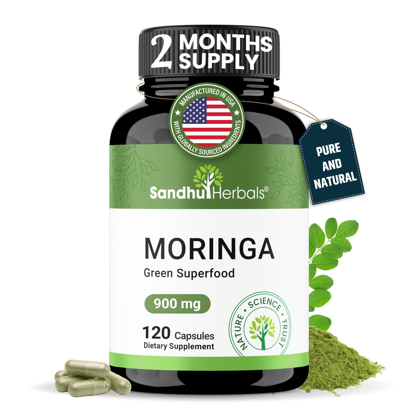 SANDHUHERBALS Pure Moringa Capsules 900mg | 120 Count | Moringa Oleifera Supplement | Supports Immune, Skin & Gut Health | Made in USA