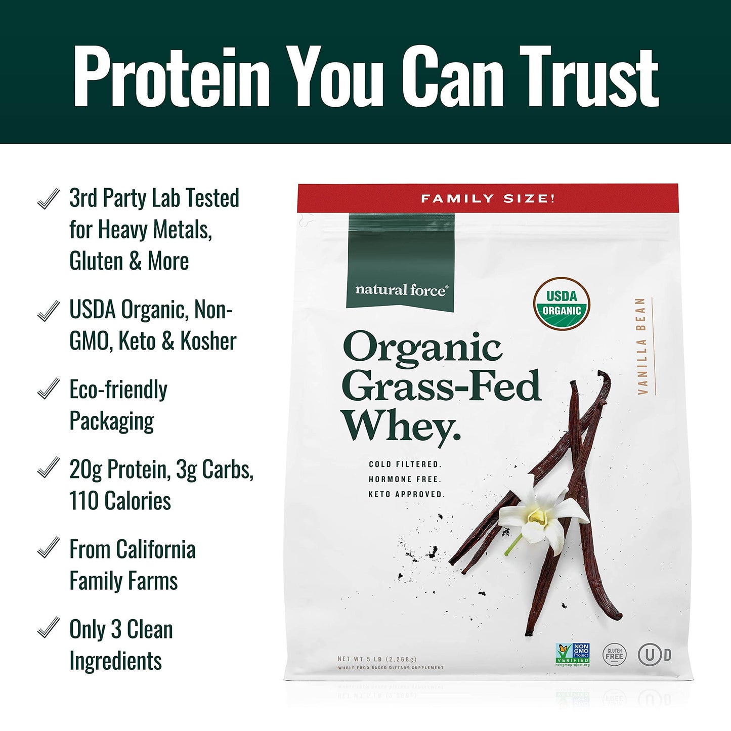 Natural Force Grass Fed Organic Whey Protein Powder Vanilla Flavor, 112 Servings
