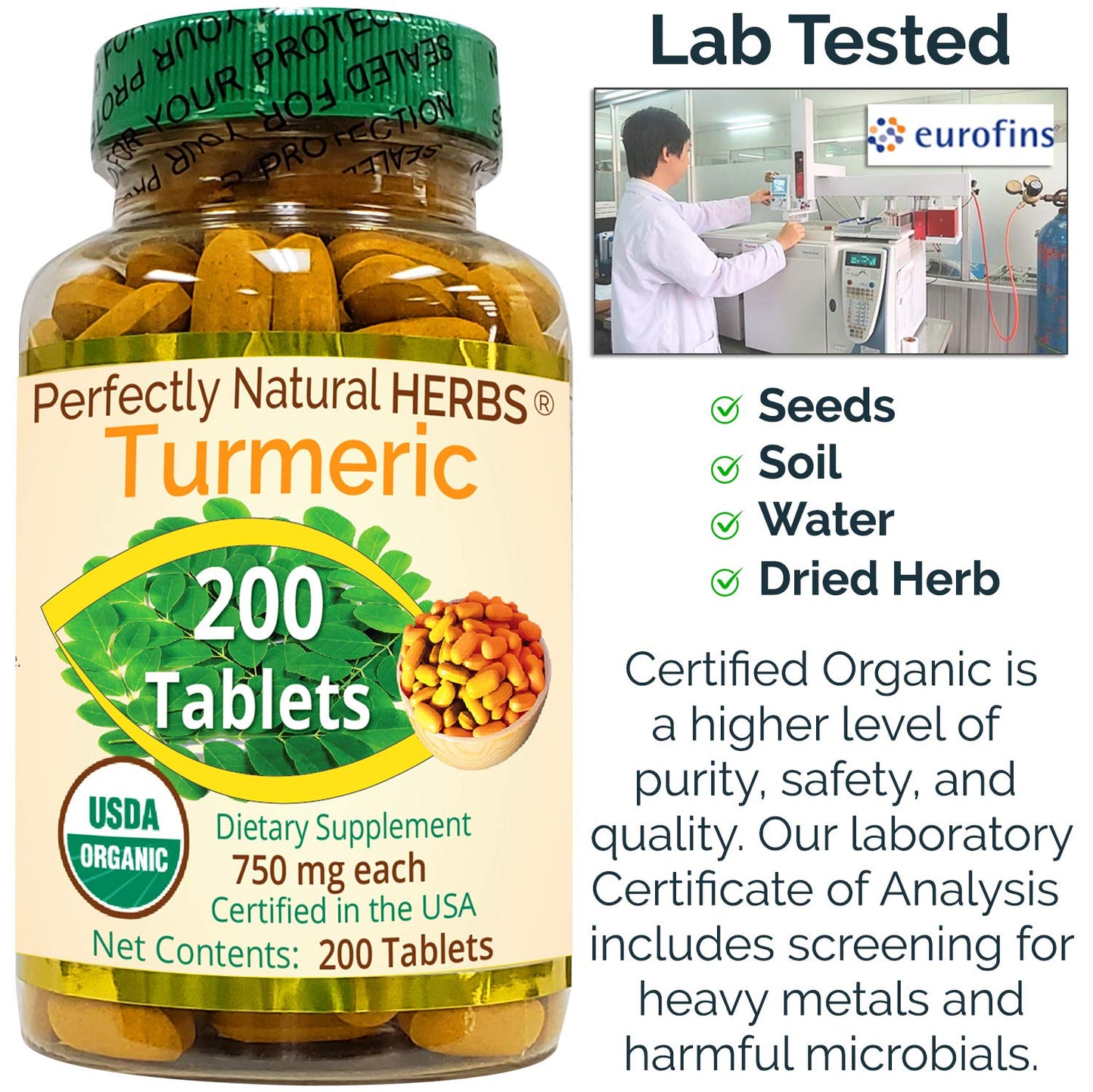 Perfectly Natural Herbs Organic Turmeric 750mg Tablets, 200 Count