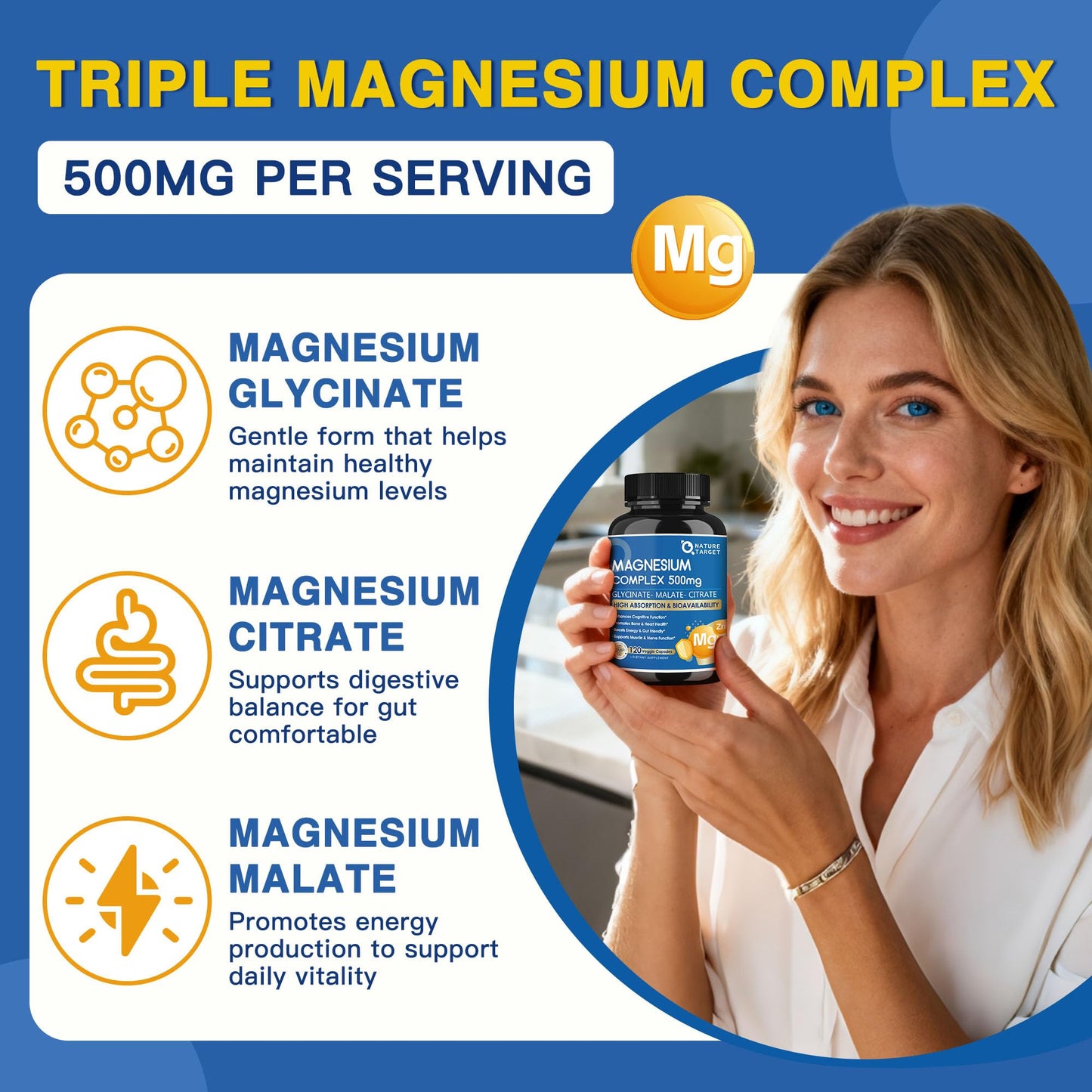 NATURE TARGET Magnesium Complex 500mg, Magnesium Glycinate, Malate & Citrate - Chelated Triple Magnesium with Zinc & Vitamin D3 for Muscle, Nerve, Bone & Immune Support, Vegan, 120 Capsules