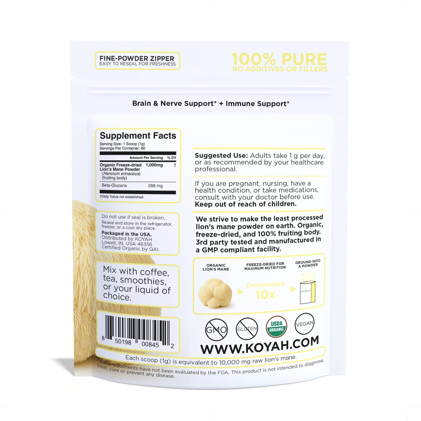 KOYAH Lion's Mane Mushroom Powder, 2.82 oz