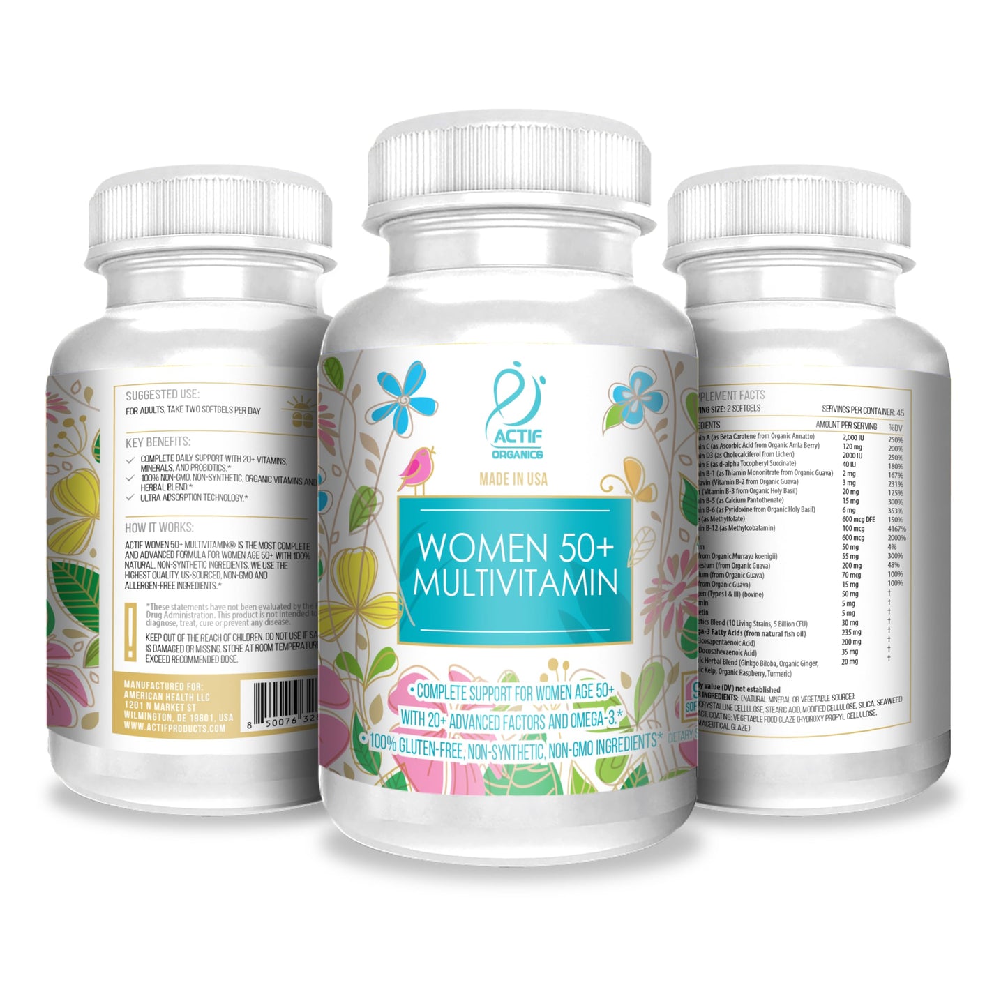 ACTIF Organic Multivitamin for Women Age 50+ with 20+ Advanced Factors and Omega-3, Non-GMO, Made in USA Softgel 1 Count