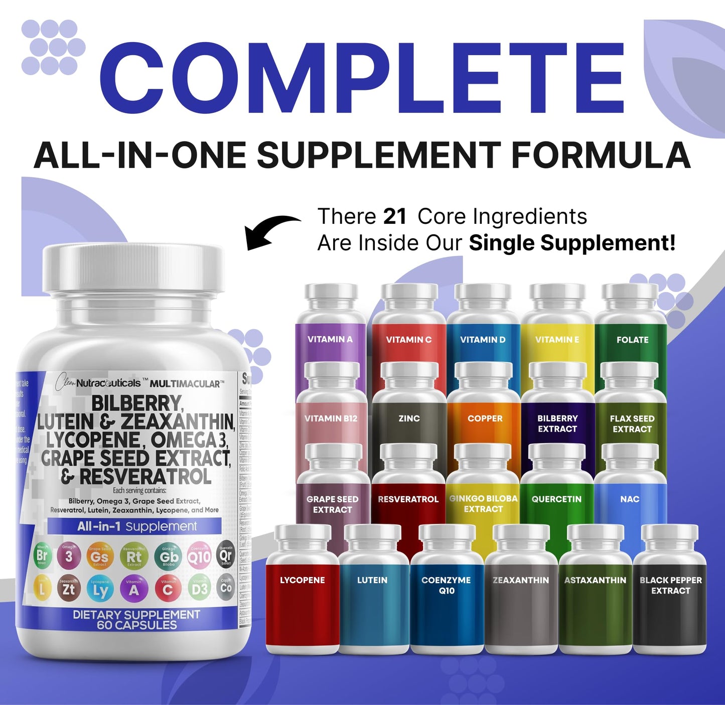 Clean Nutraceuticals Eye Vitamins with Bilberry, Lutein & Zeaxanthin, Lycopene 40mg, Resveratrol, Grape Seed, Astaxanthin - Eye Care Health Support, 60 Capsules