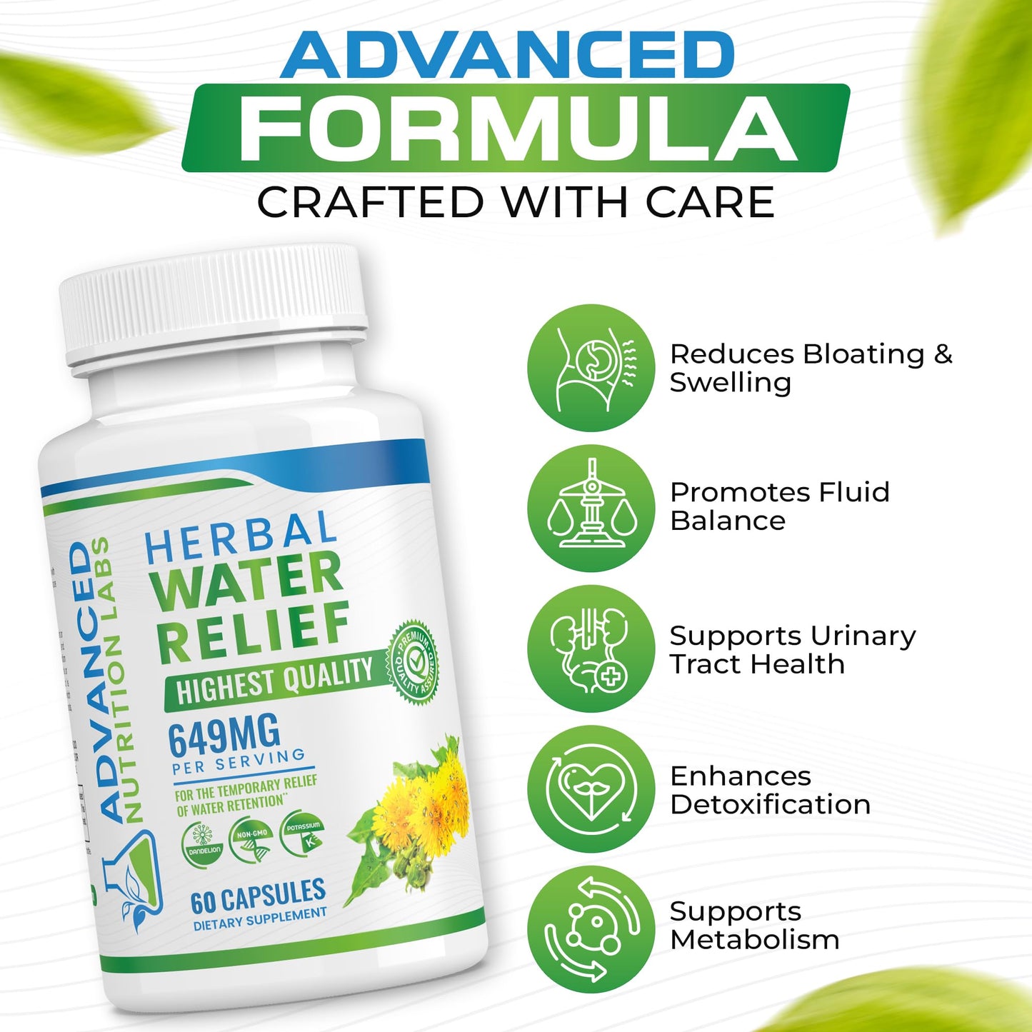 Advanced Nutrition Labs Herbal Water Relief Diuretic Water Pills Capsules 60 Count