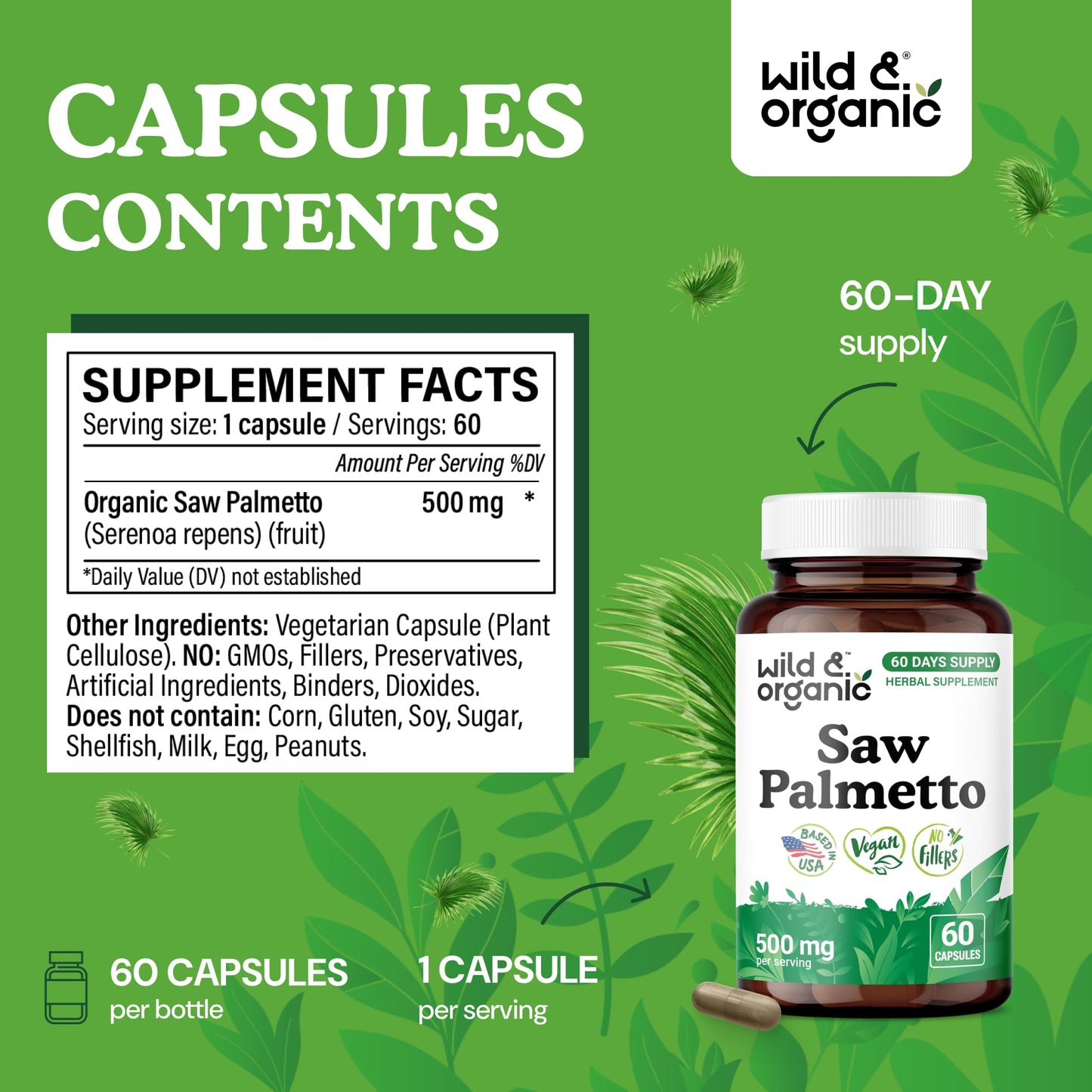 Wild & Organic Saw Palmetto Capsules 500 mg, 60 Count