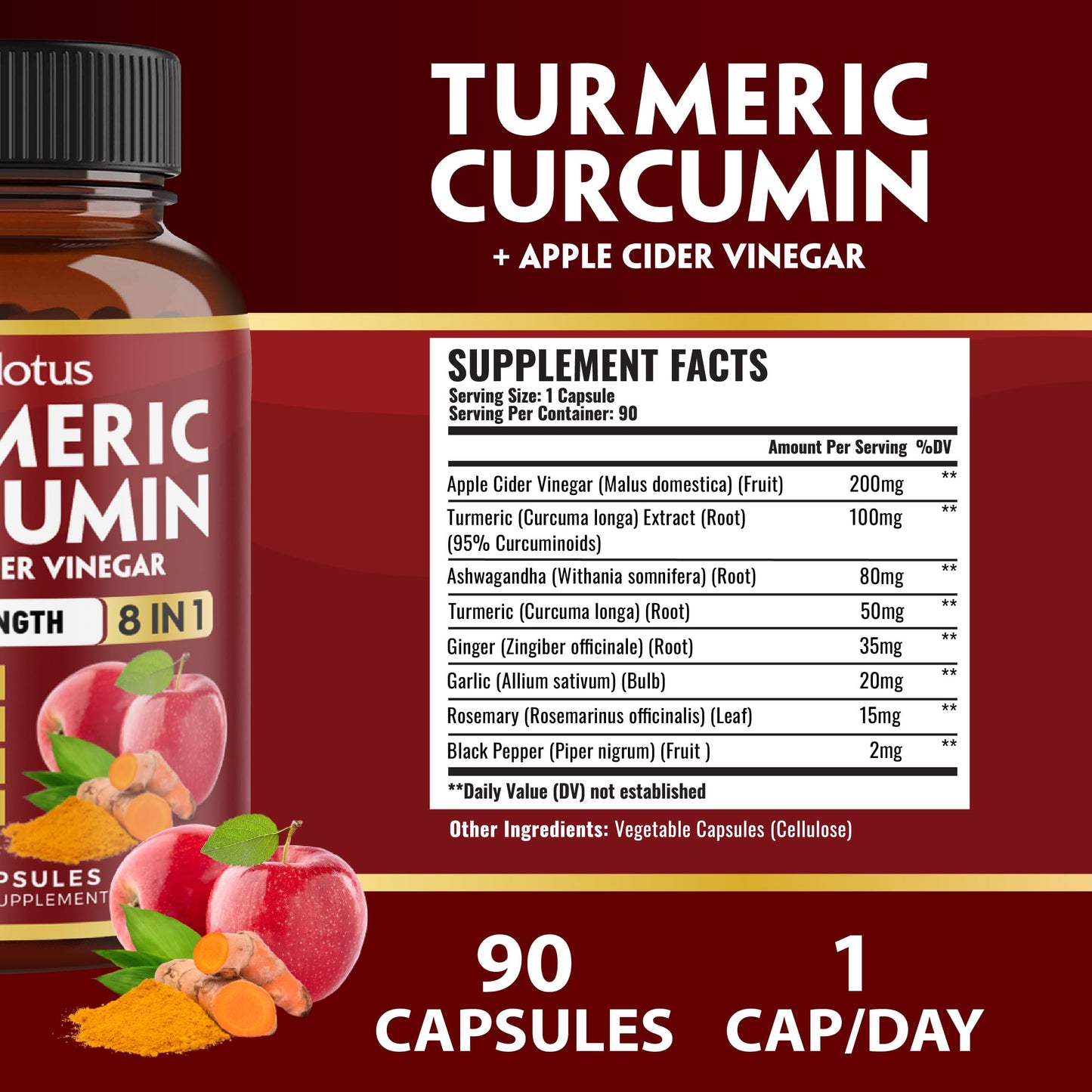 Zolotus Turmeric Curcumin + Apple Cider Vinegar Capsules 90 Count