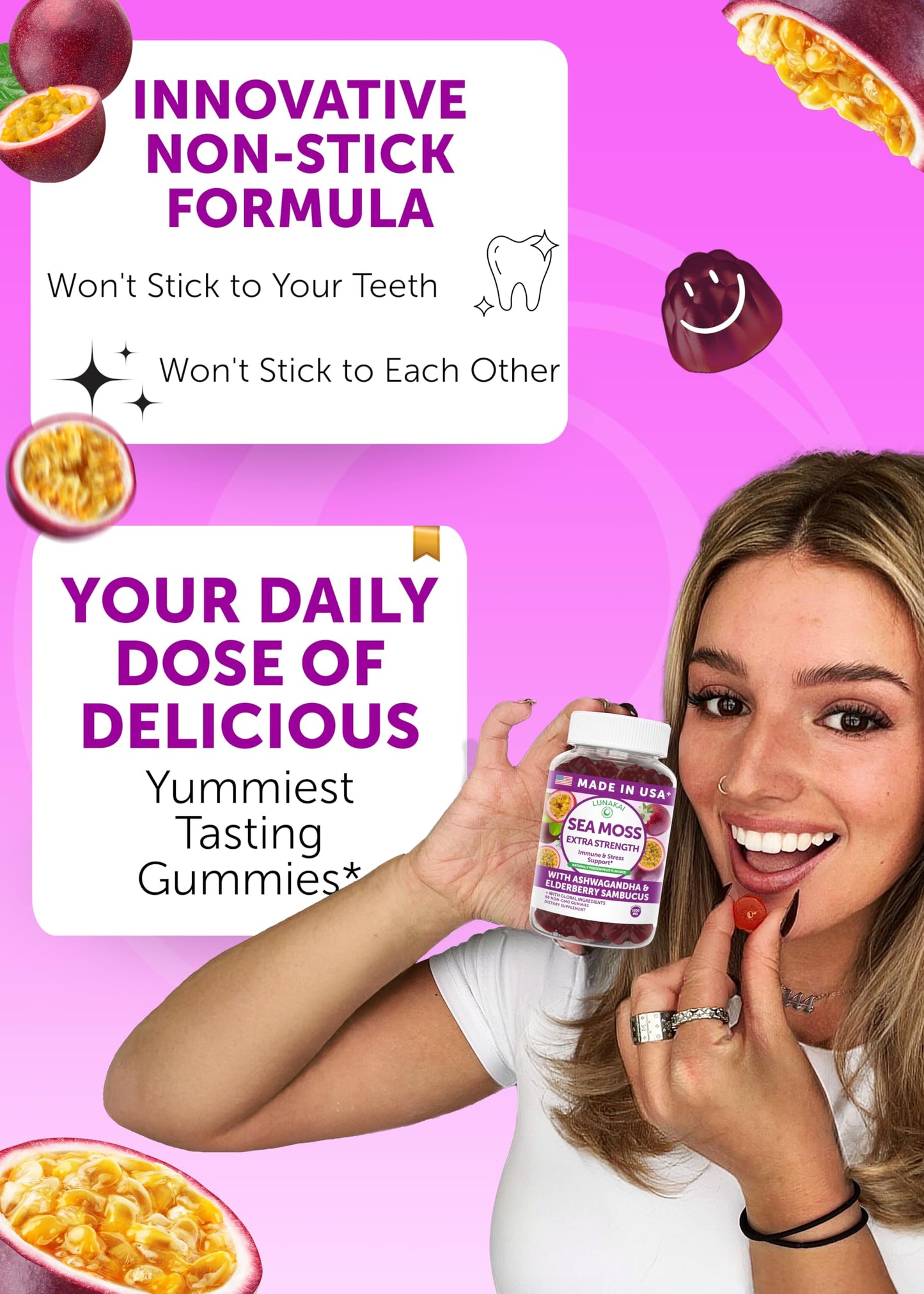 Lunakai Irish Sea Moss Gummies with Ashwagandha & Elderberry – USA Made Immune & Stress Support, 60 Gummies