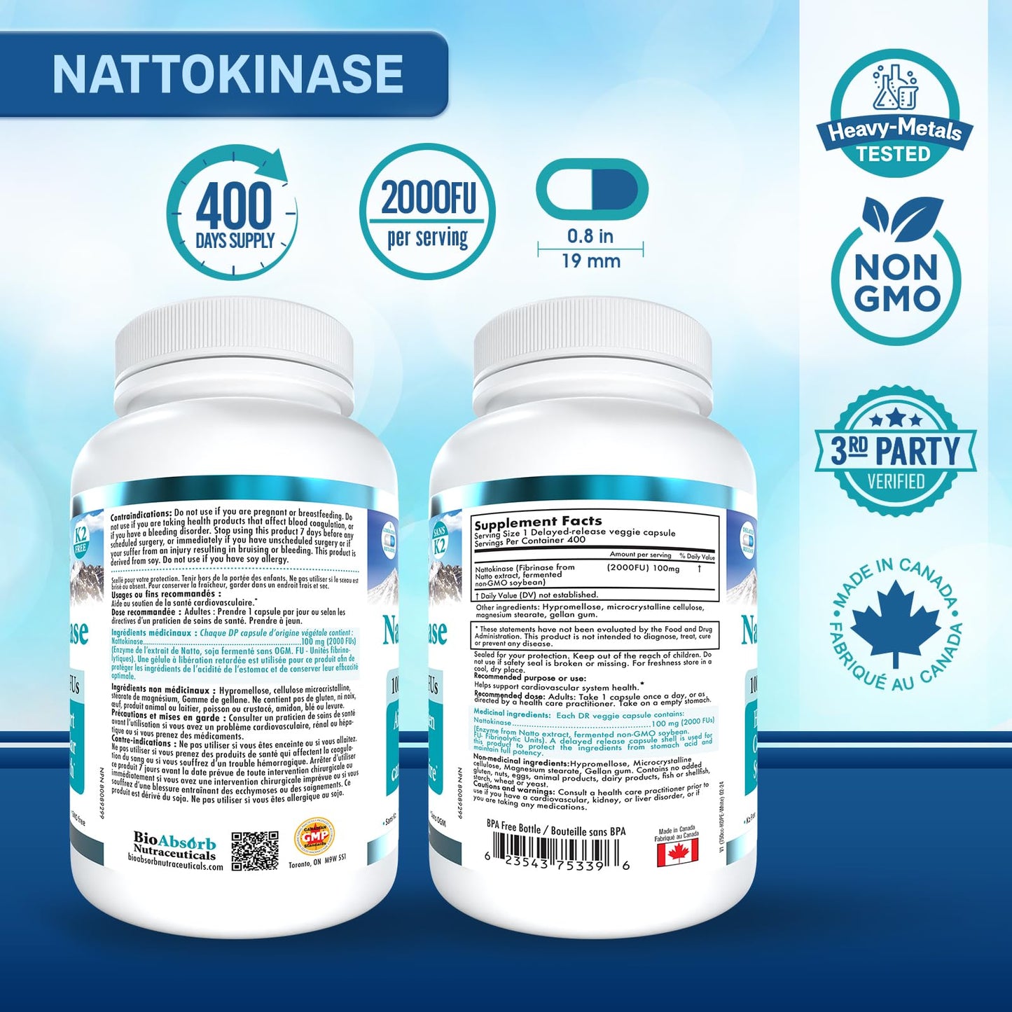 Bio Absorb Nutraceuticals Nattokinase Supplement Delayed Release Capsules, 400 Count
