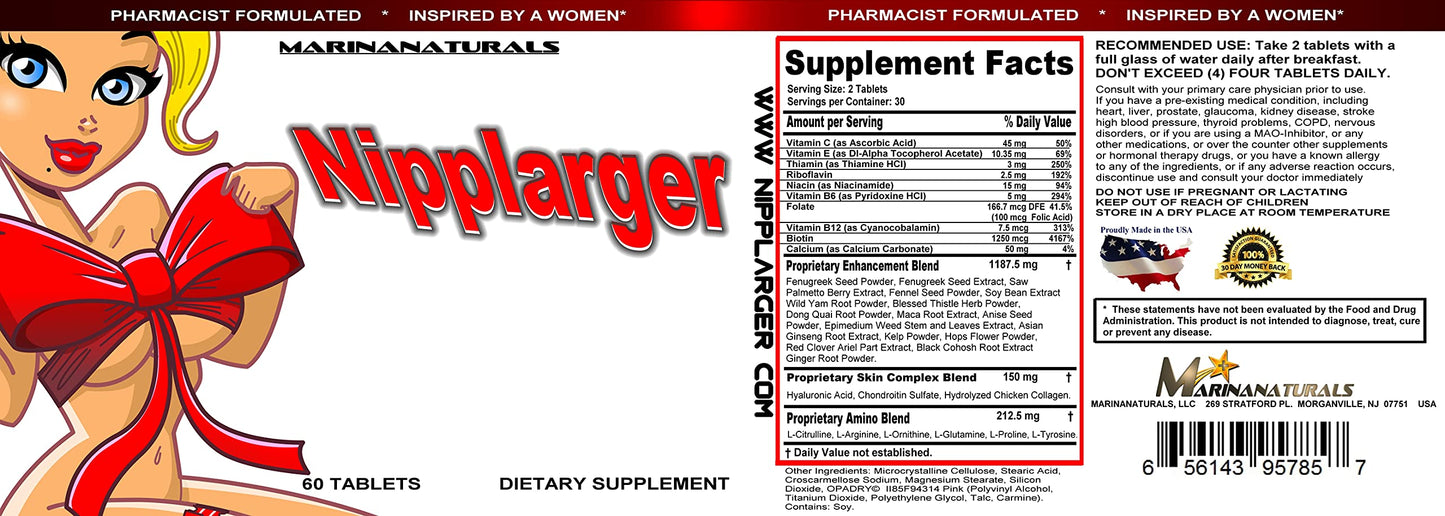 MARINANATURALS Nipplarger Nipple Enlargement, Breast Enlargement, Skin Tightening – Enjoy Larger, Fuller, Firmer Nipples and Breasts Tablet 1 Count