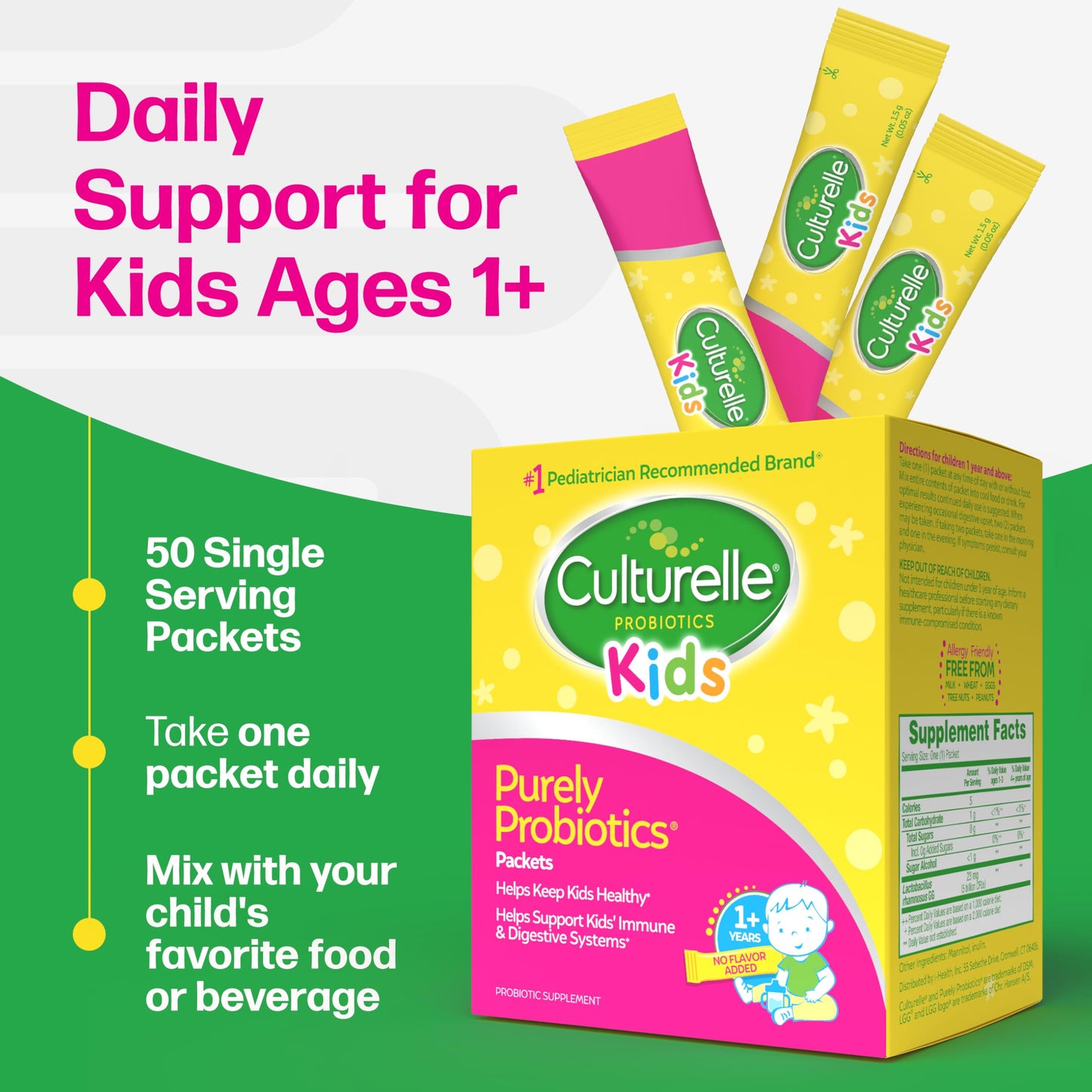 Culturelle Kids Daily Probiotic Packets for Kids, (Ages 3+) Powder 50 Count